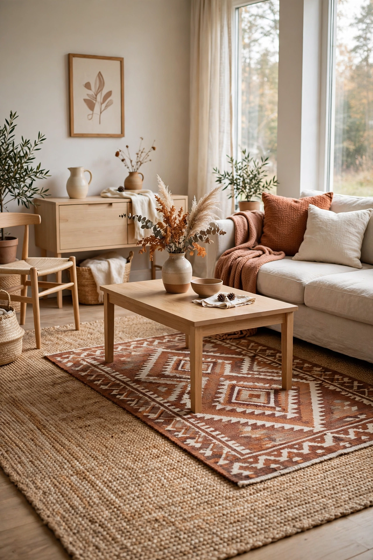 Scandinavian living room with a rust and cream wool rug layered over a large natural jute rug.