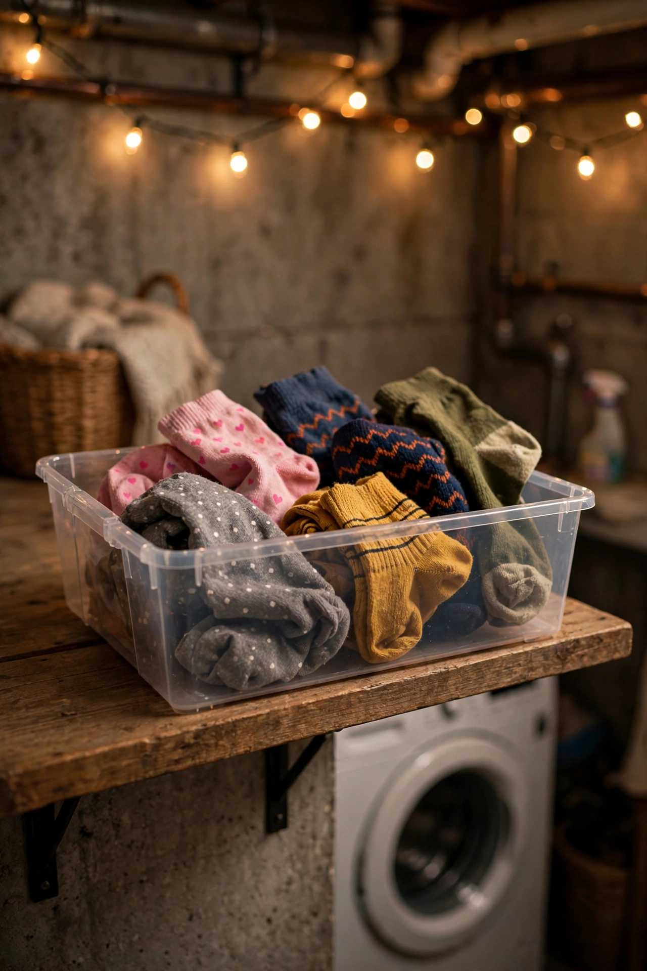 Clear plastic bin labeled lost socks on a laundry shelf with a few stray single socks inside