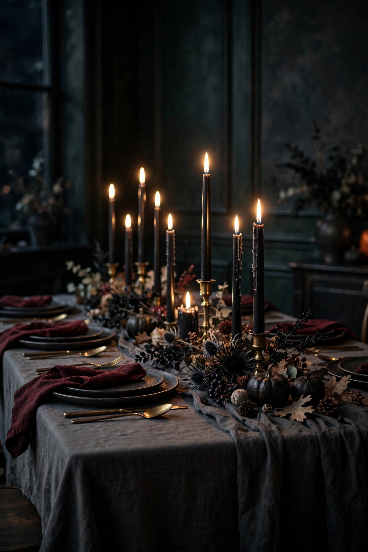 Moody Halloween tablescape with charcoal linen, brass flatware and black taper candles.
