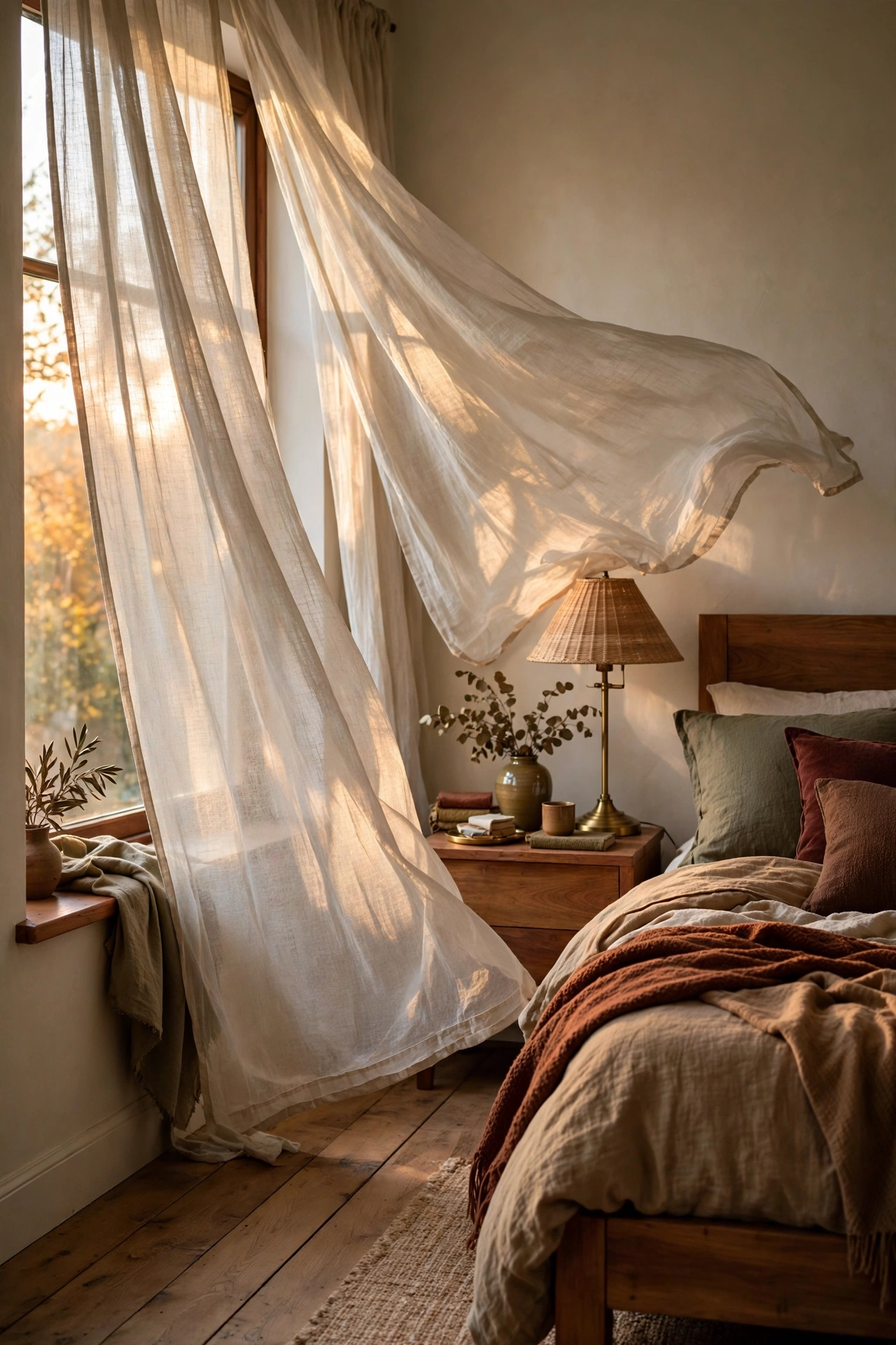 Sheer oatmeal linen curtains filtering golden autumn afternoon light in a cozy bedroom.