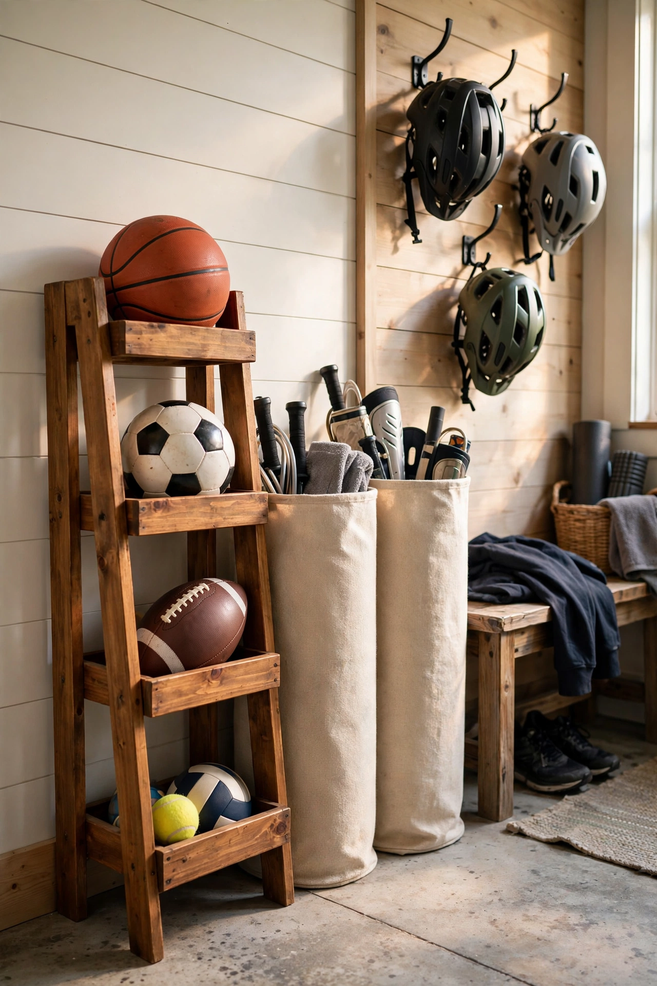 Mudroom sports corner with a ball rack, tall bins for equipment, and bike helmets on hooks