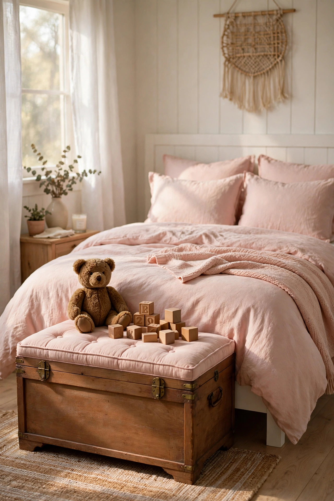Girls bedroom with a vintage style wooden toy chest with a cushioned top at the foot of a white bed.