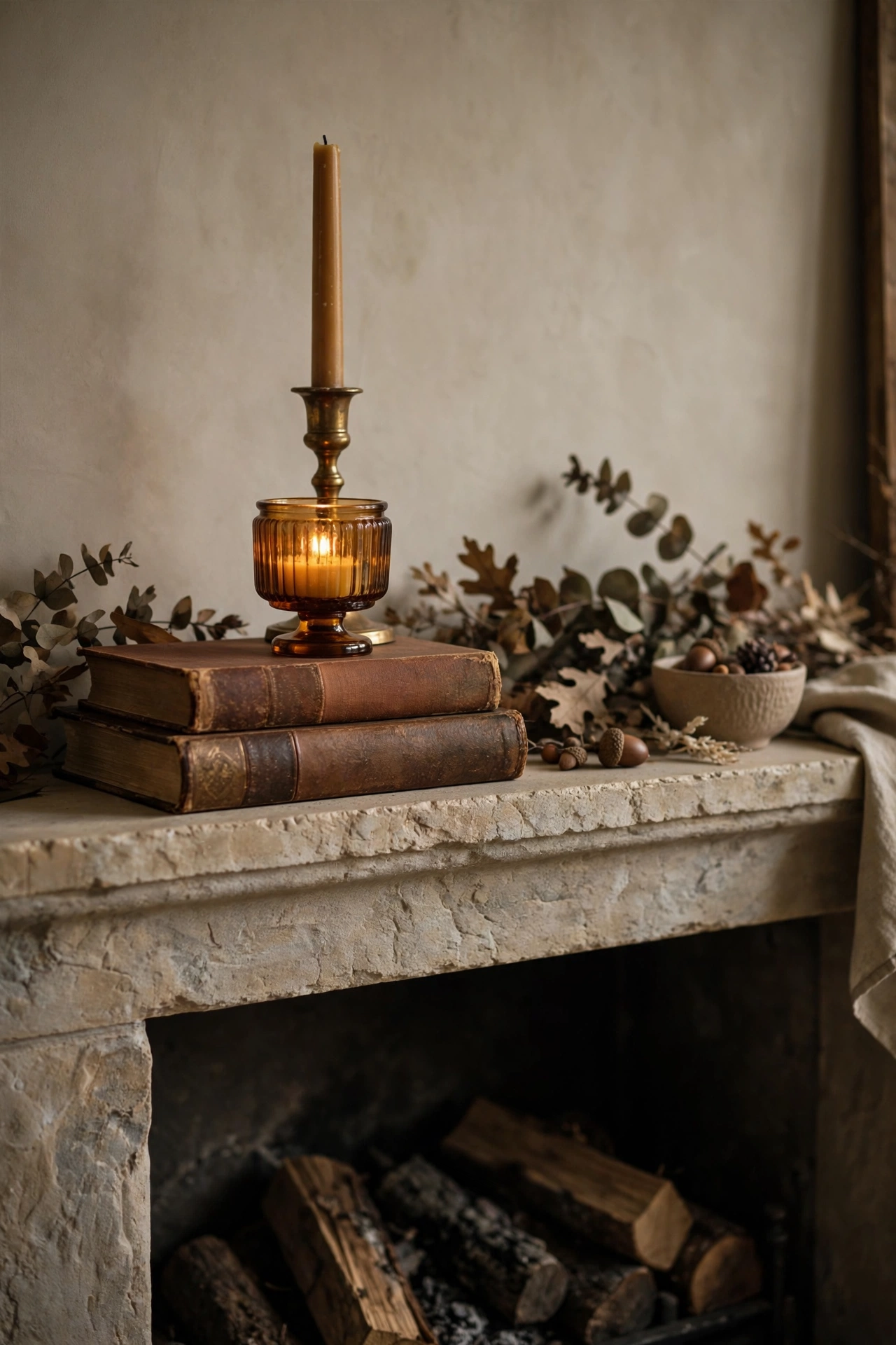 Stack of vintage cloth bound books used as risers for a candle and small pumpkin on a fall mantel.