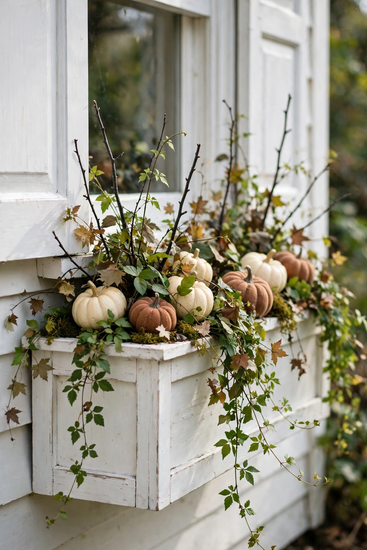 Cottage window box with trailing vines and mini pumpkins in cream and soft rust tucked among the leaves.