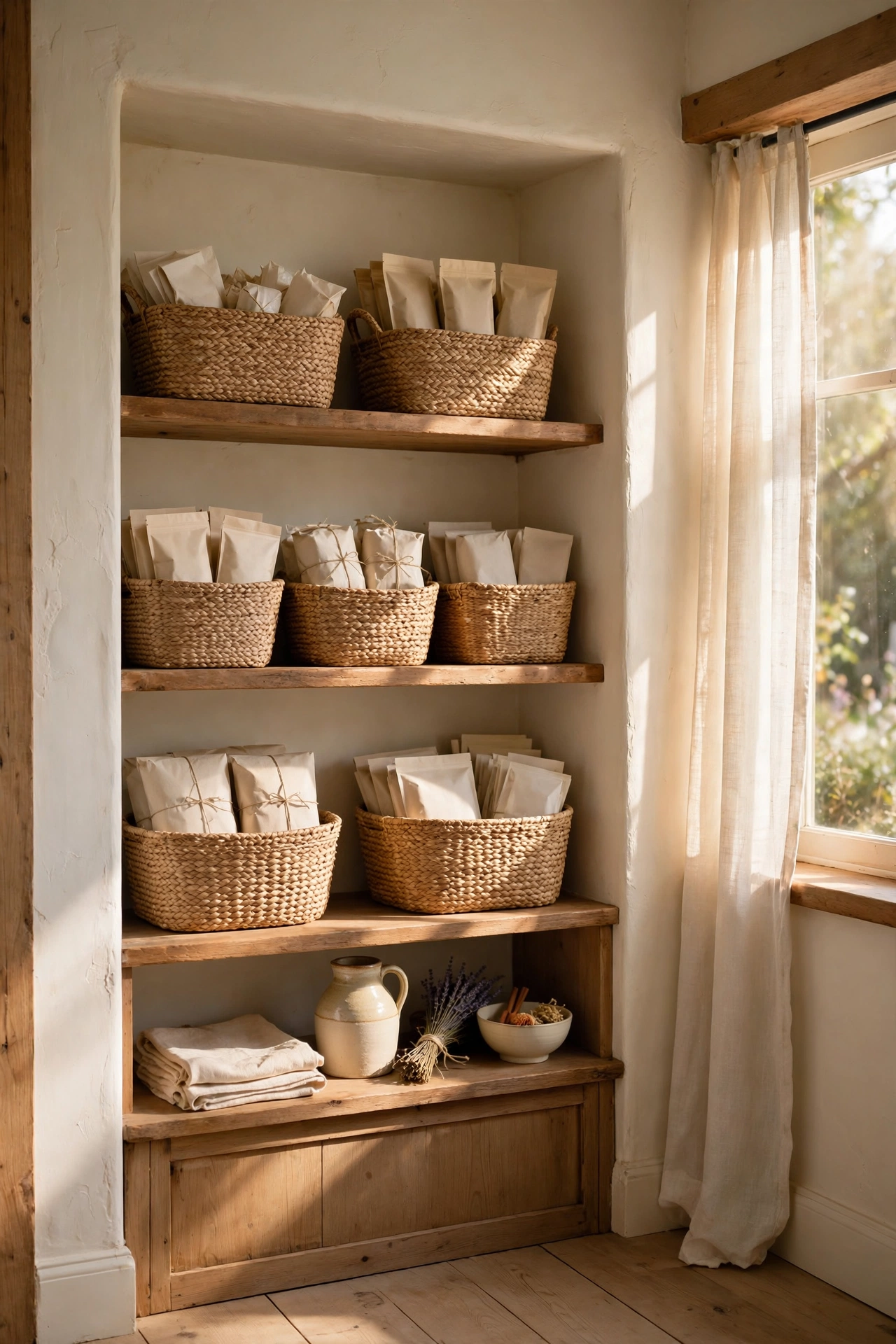 Pantry shelves styled with woven baskets in graduated sizes for grouped items