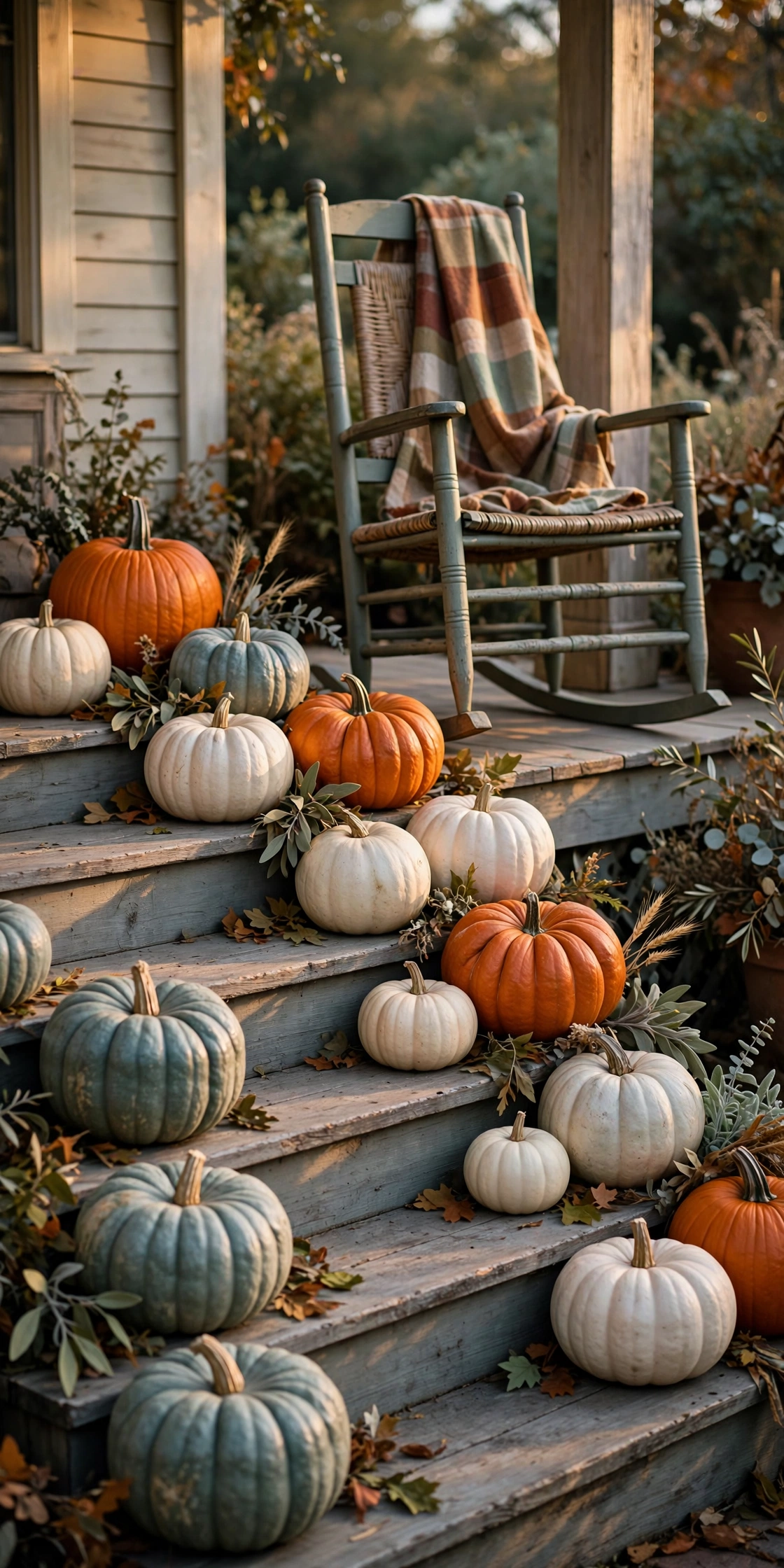 Heirloom pumpkins lining porch steps at golden hour