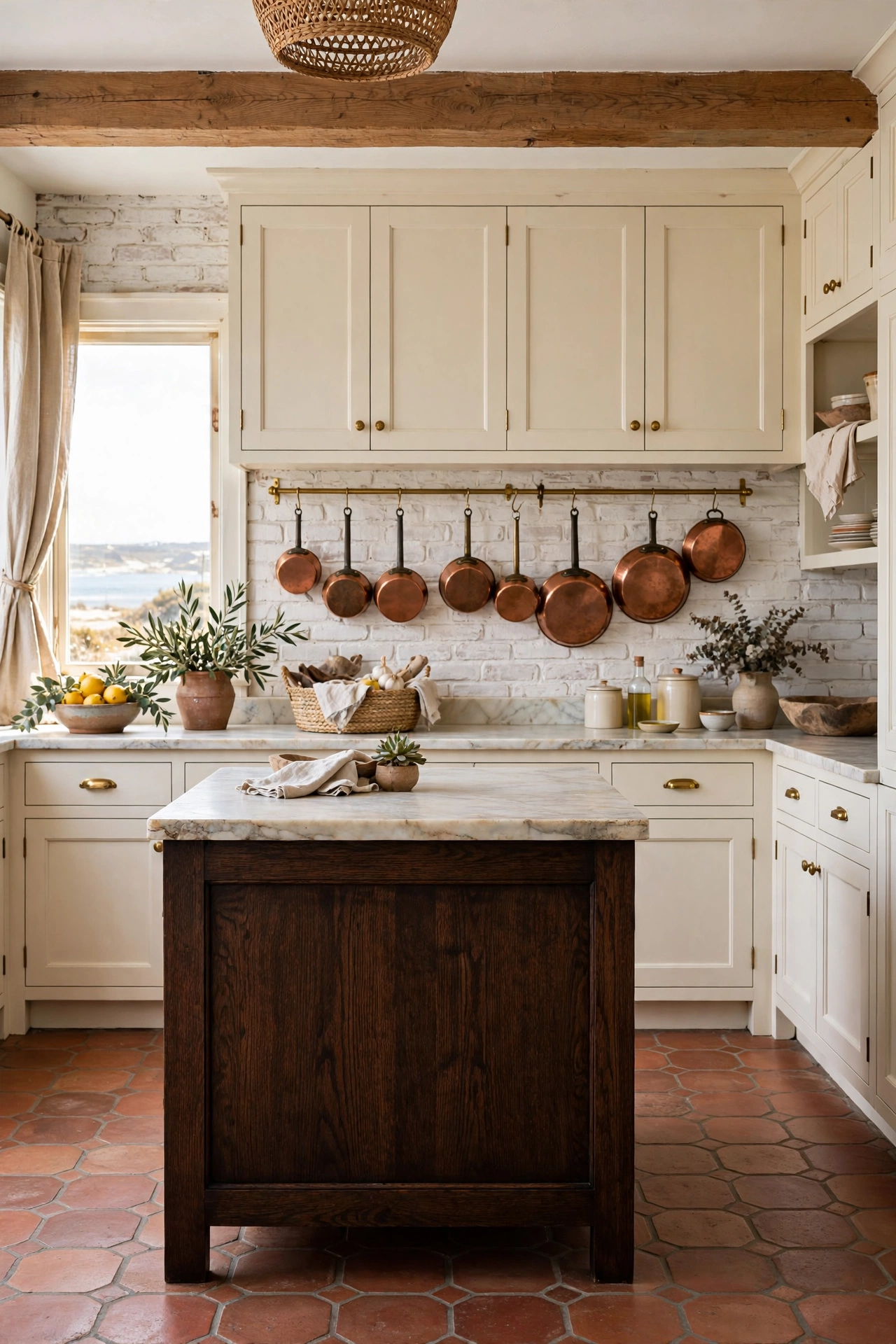 Whitewashed brick kitchen with dark wood island, hanging copper pots and terracotta tile floors.