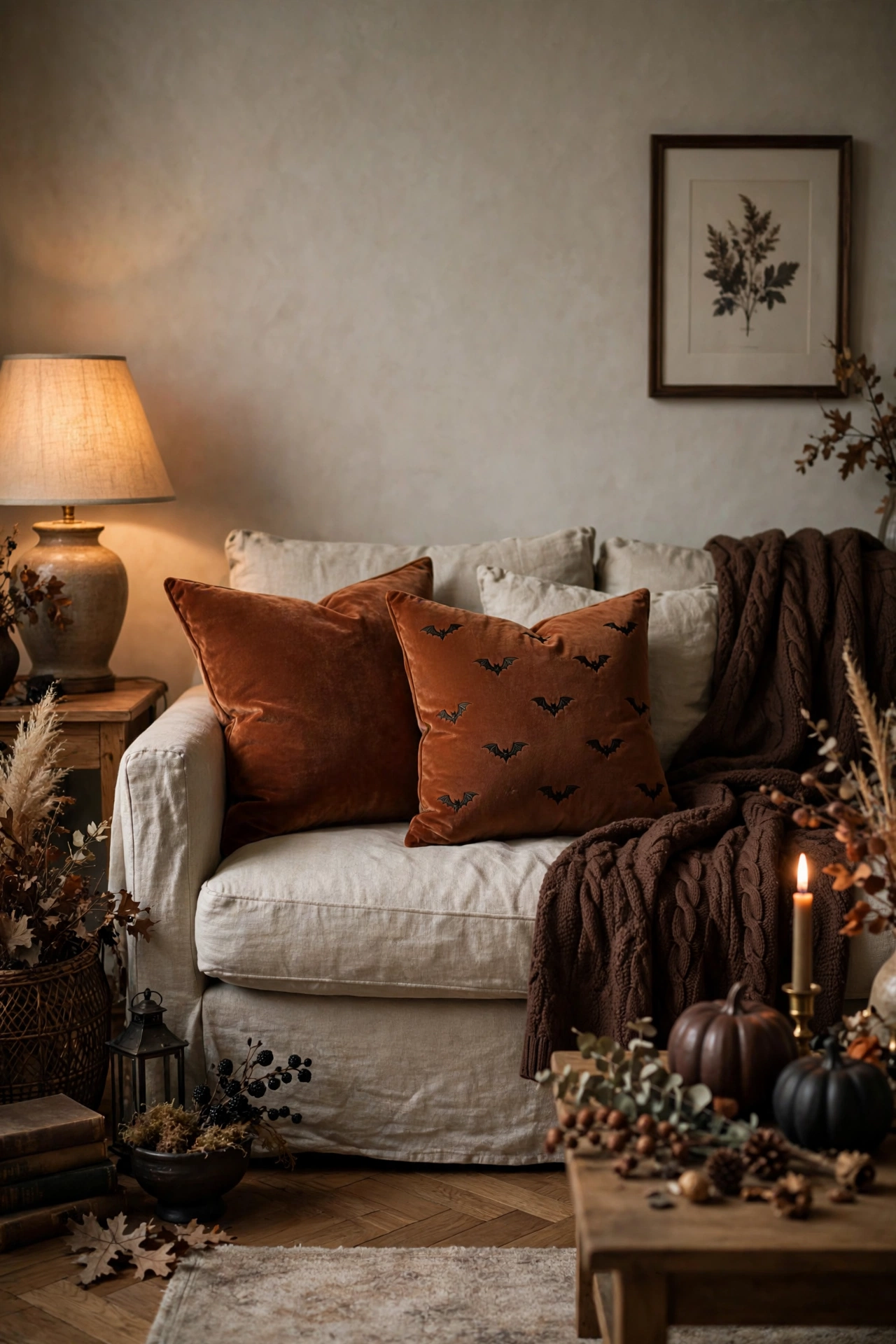Rust velvet throw pillows with embroidered black bats on a cozy sofa.