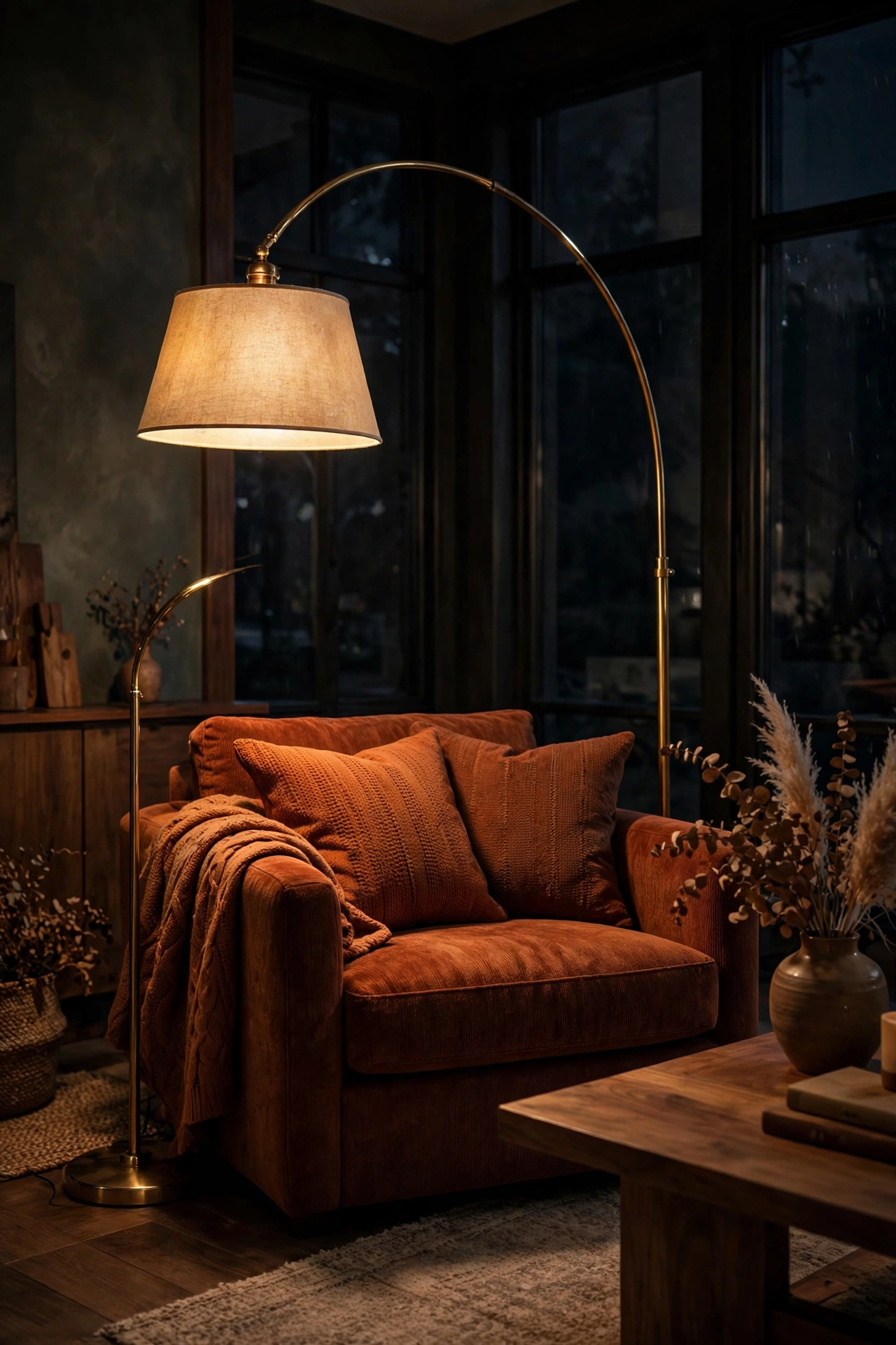 Brass arc floor lamp with linen shade glowing over an armchair in a moody evening living room.