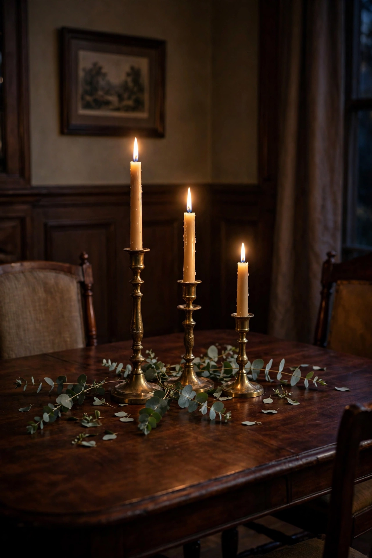 Traditional dining room with brass taper candlesticks at three heights glowing down the center of the Thanksgiving table.