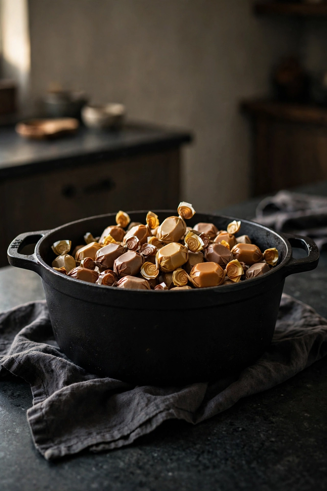 A matte black Dutch oven filled with wrapped caramels sitting on a kitchen counter with the lid off.