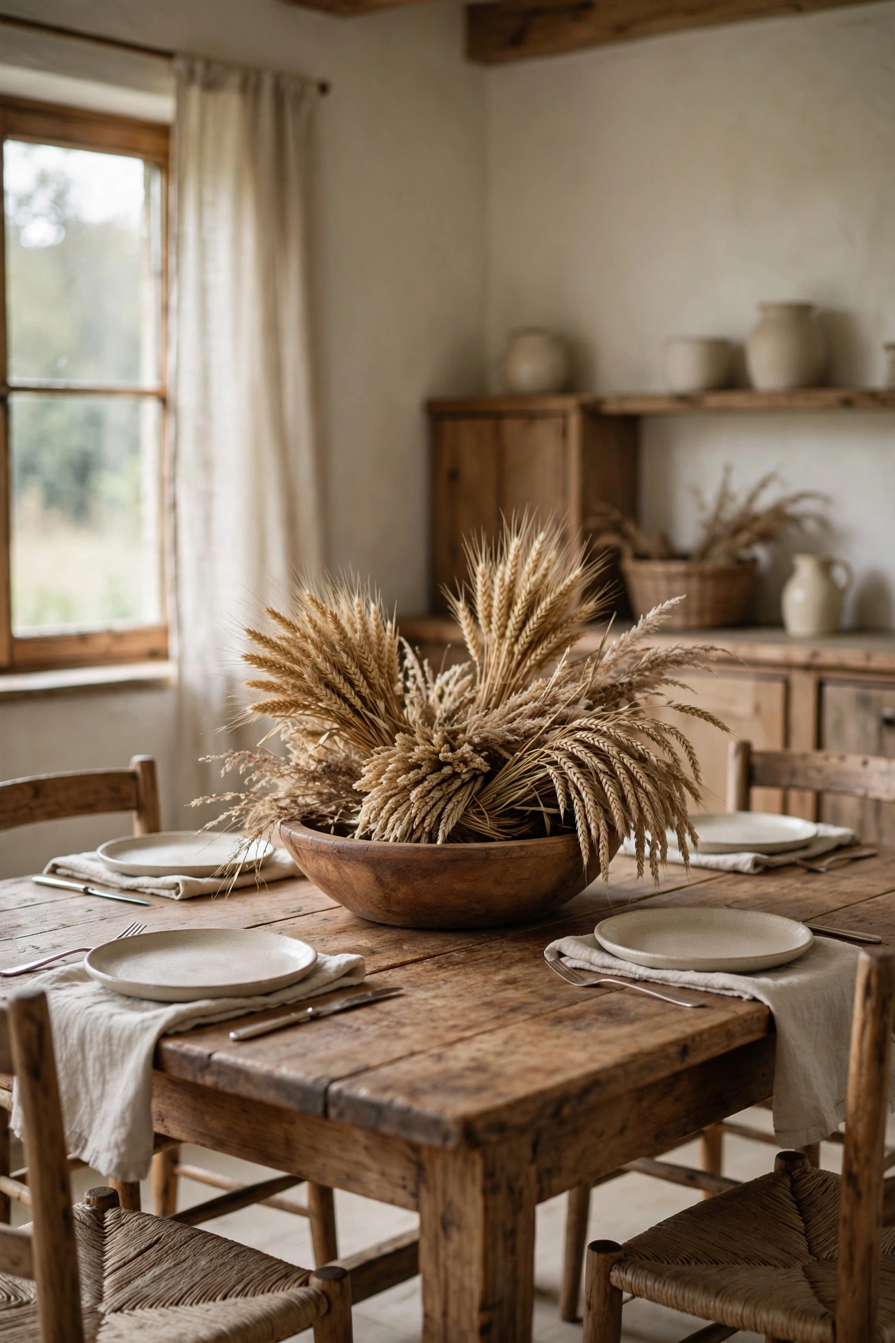 Country farmhouse dining room with a low wooden bowl of dried wheat and grasses as the centerpiece.