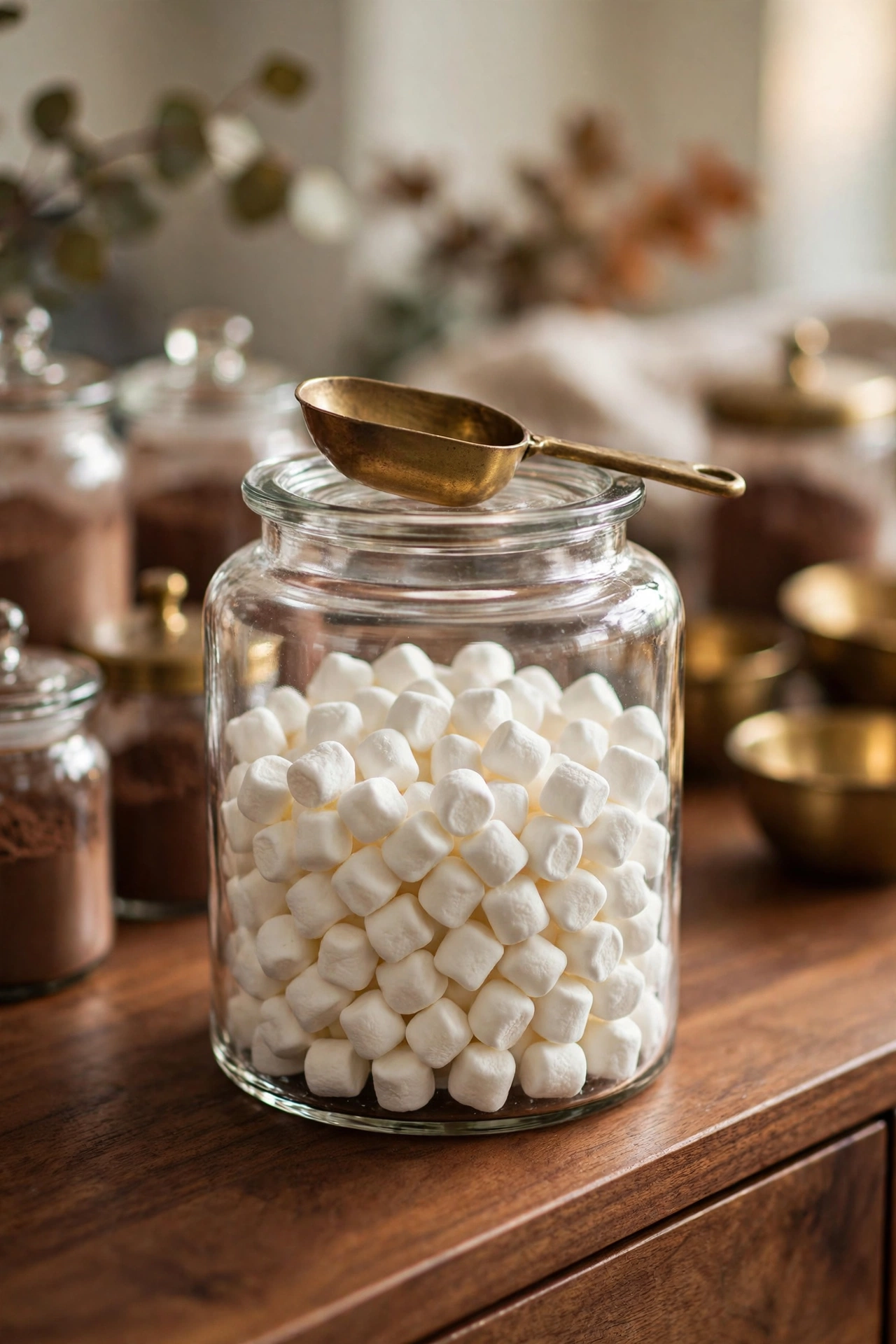 Glass canister of marshmallows with a small brass scoop resting on top.