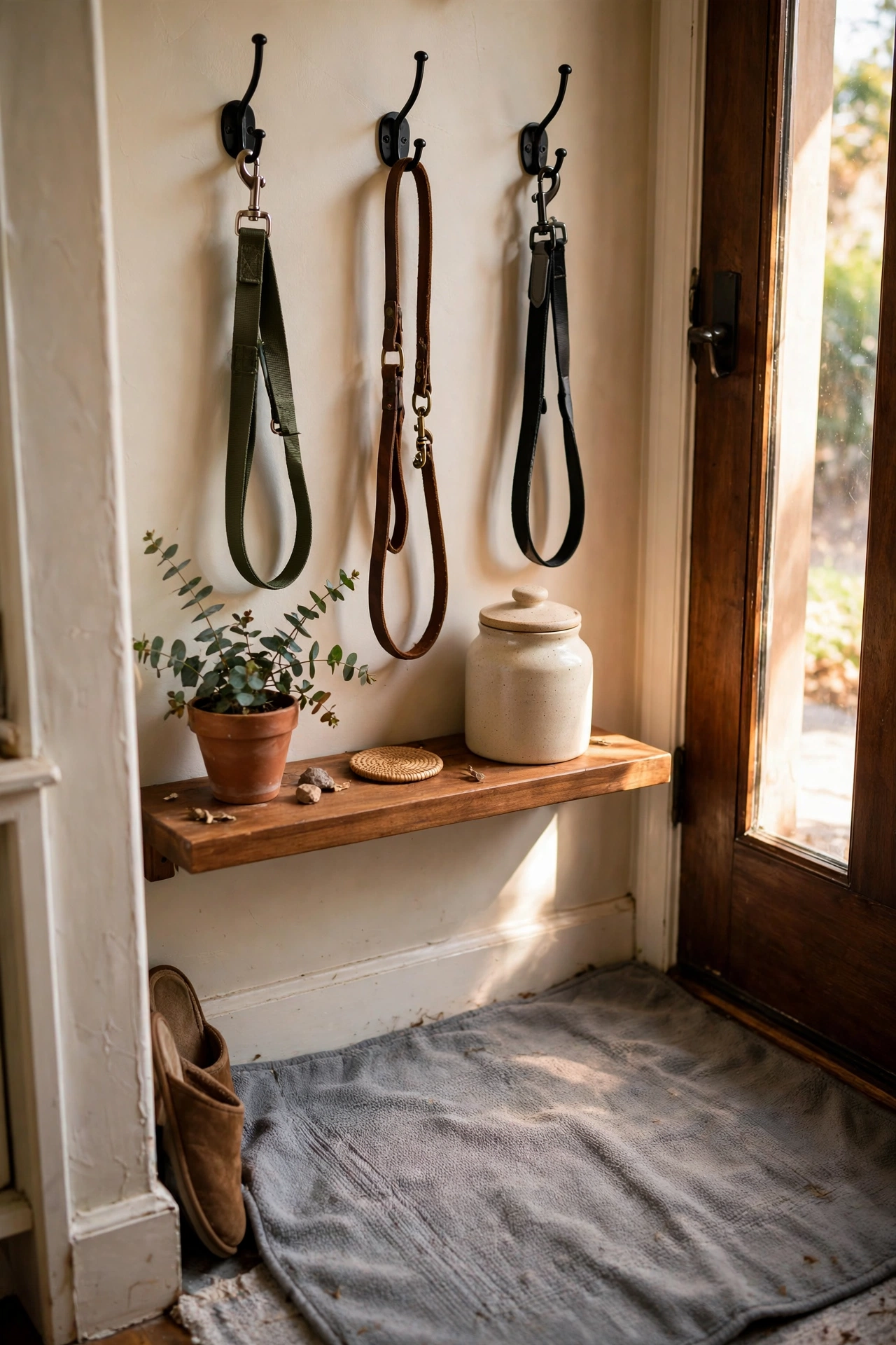 Entryway pet station with leash hooks, treat jar, and a washable mat by the door