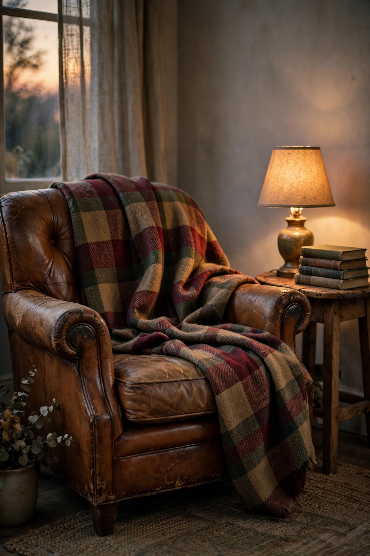 Plaid wool throw in burgundy and olive draped over the arm of a leather armchair.