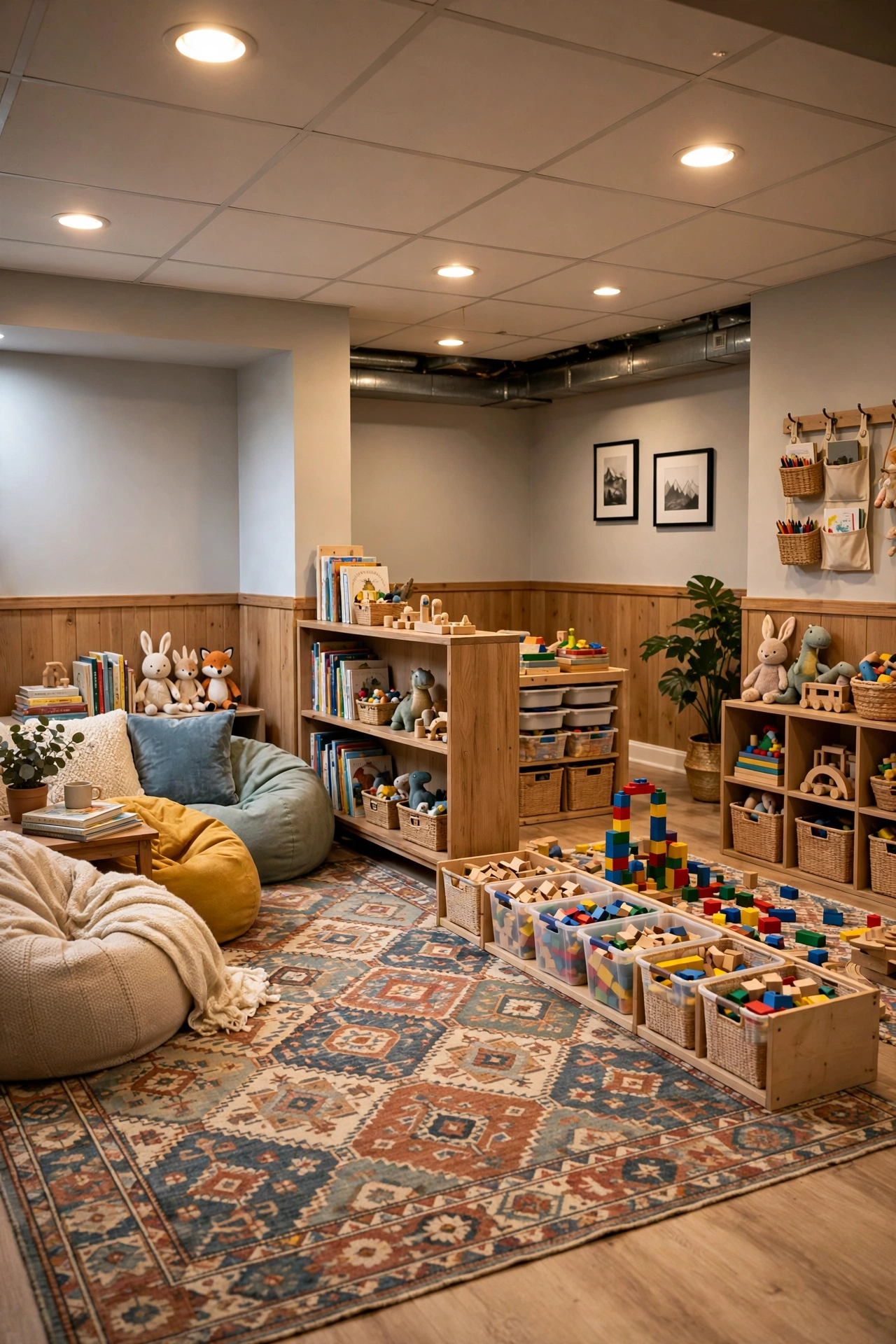 Basement playroom divided into play zones with a large patterned rug, a low bookshelf, a reading corner, and a building block zone.