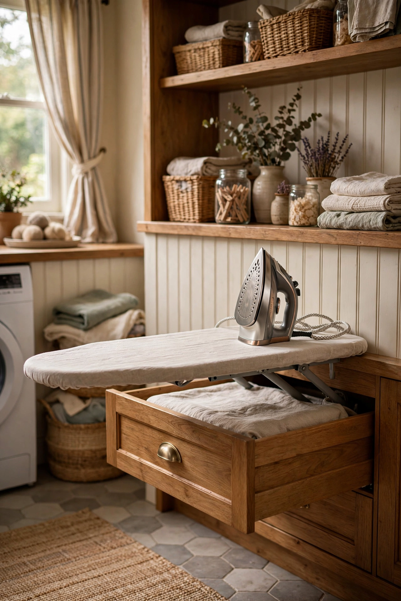 Pull out ironing board tucked into a narrow cabinet beside the washing machine, extended for use