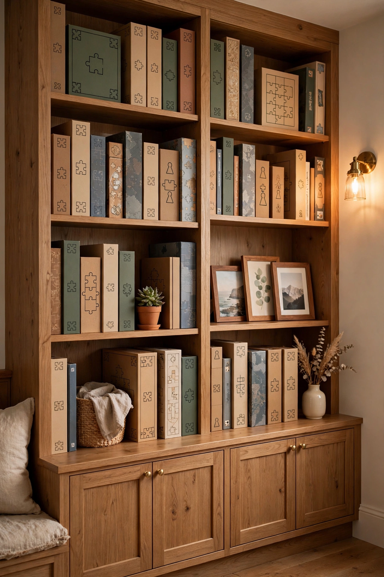 Living room built-in shelves with board games and puzzles stored vertically like books.
