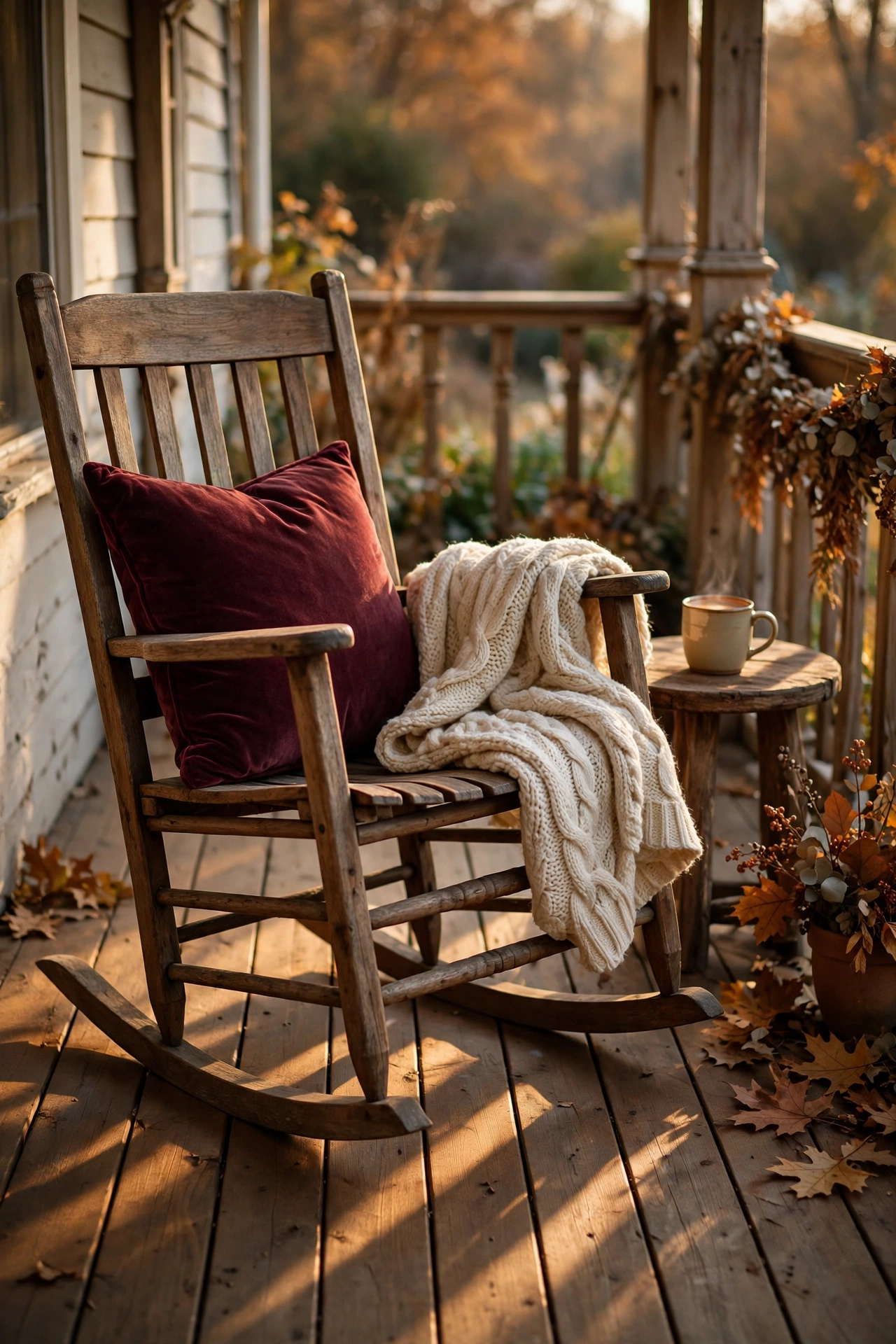 Wooden rocking chair styled with a burgundy velvet pillow and a chunky cream knit throw in golden afternoon light.