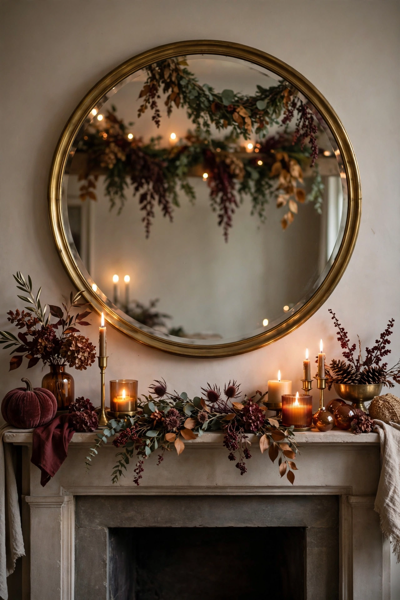 Round mirror with a thin brass frame hung above a fall mantel reflecting firelight and candles.