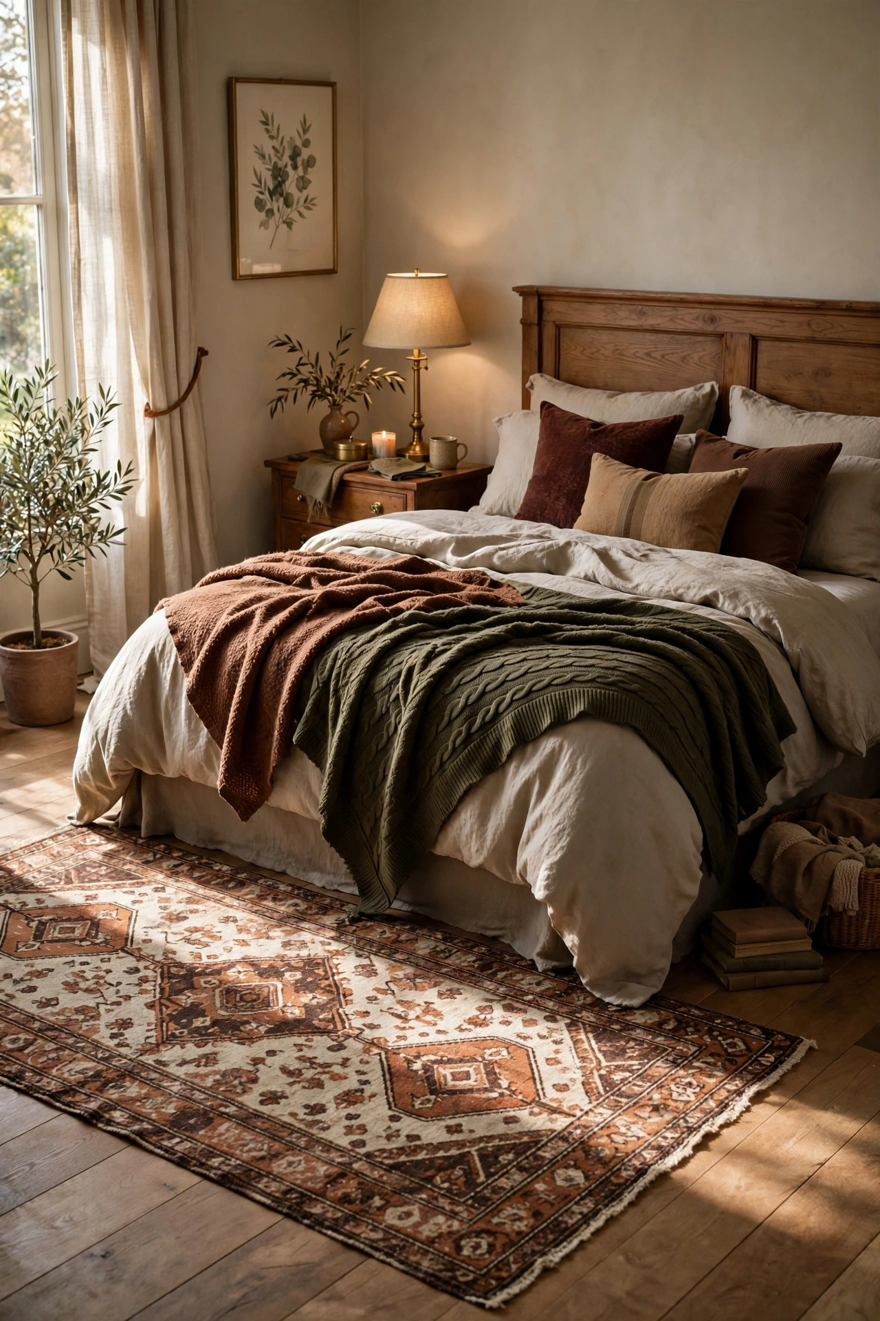 Vintage style wool area rug in rust, cream, and chocolate tones laid beside a bed.