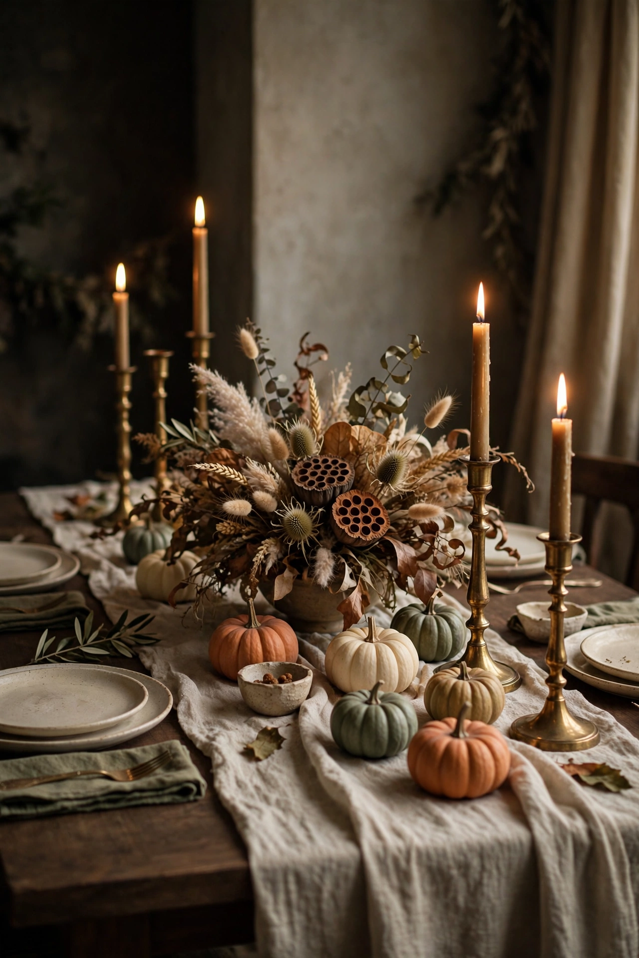 Brass candlesticks and pumpkins on a fall dining table