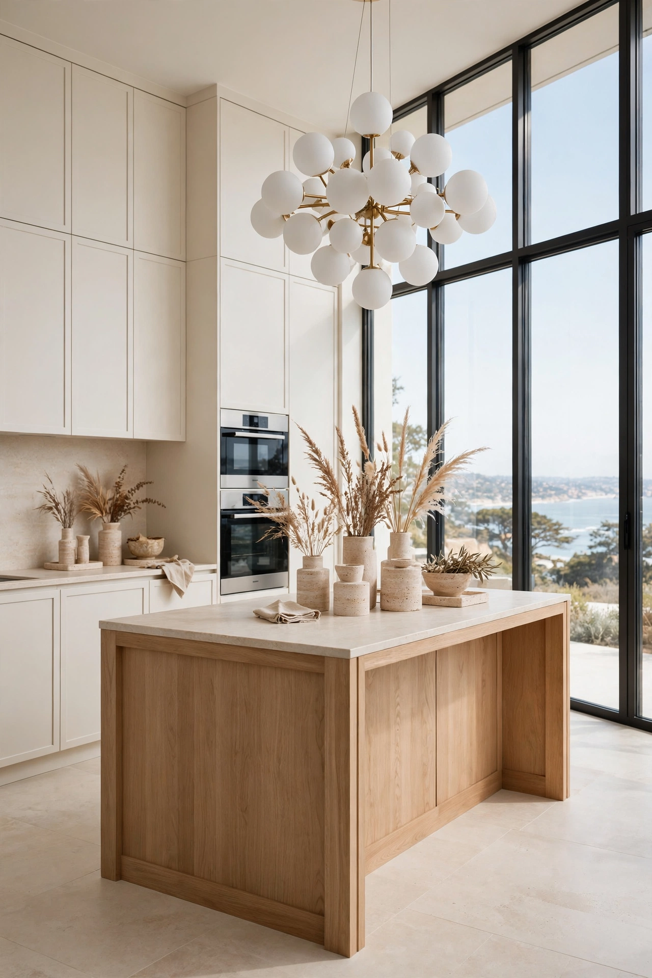 Modern coastal kitchen with flat front cabinets, waterfall wood island and a wall of glass.