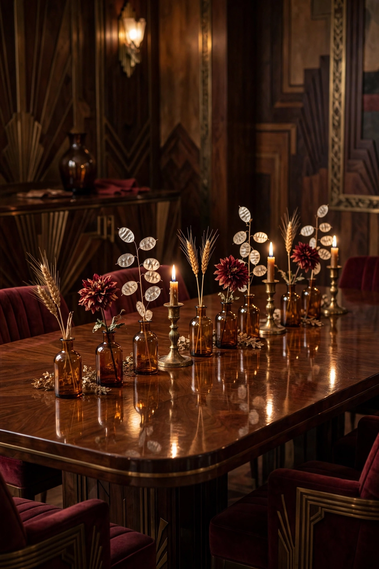 Art deco dining room with a row of amber glass bud vases holding single dried stems as the Thanksgiving centerpiece.