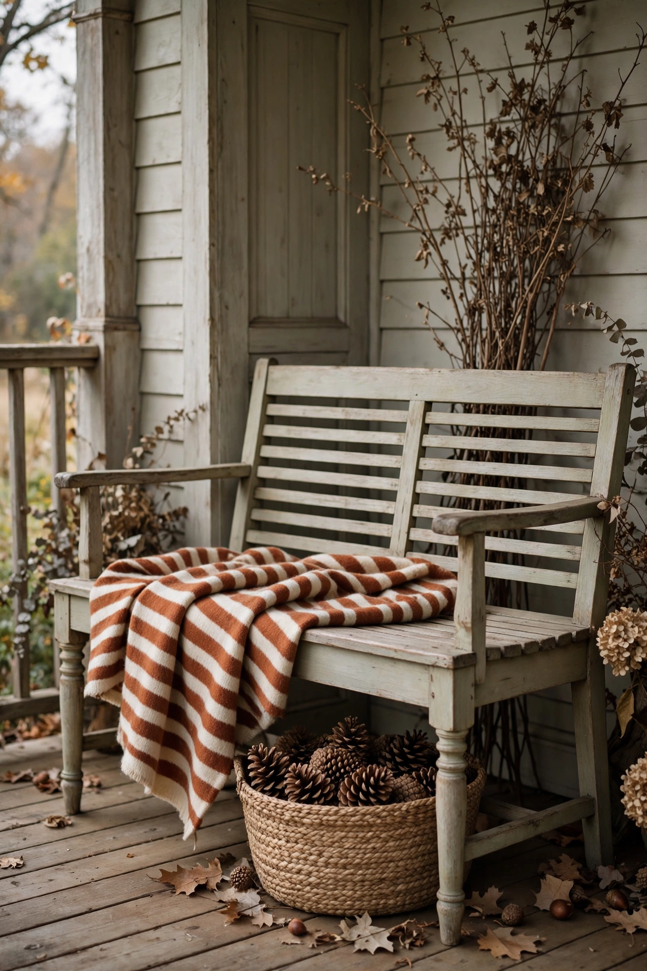 Farmhouse porch bench with a striped wool blanket, a seagrass basket of pinecones underneath and dried branches behind.