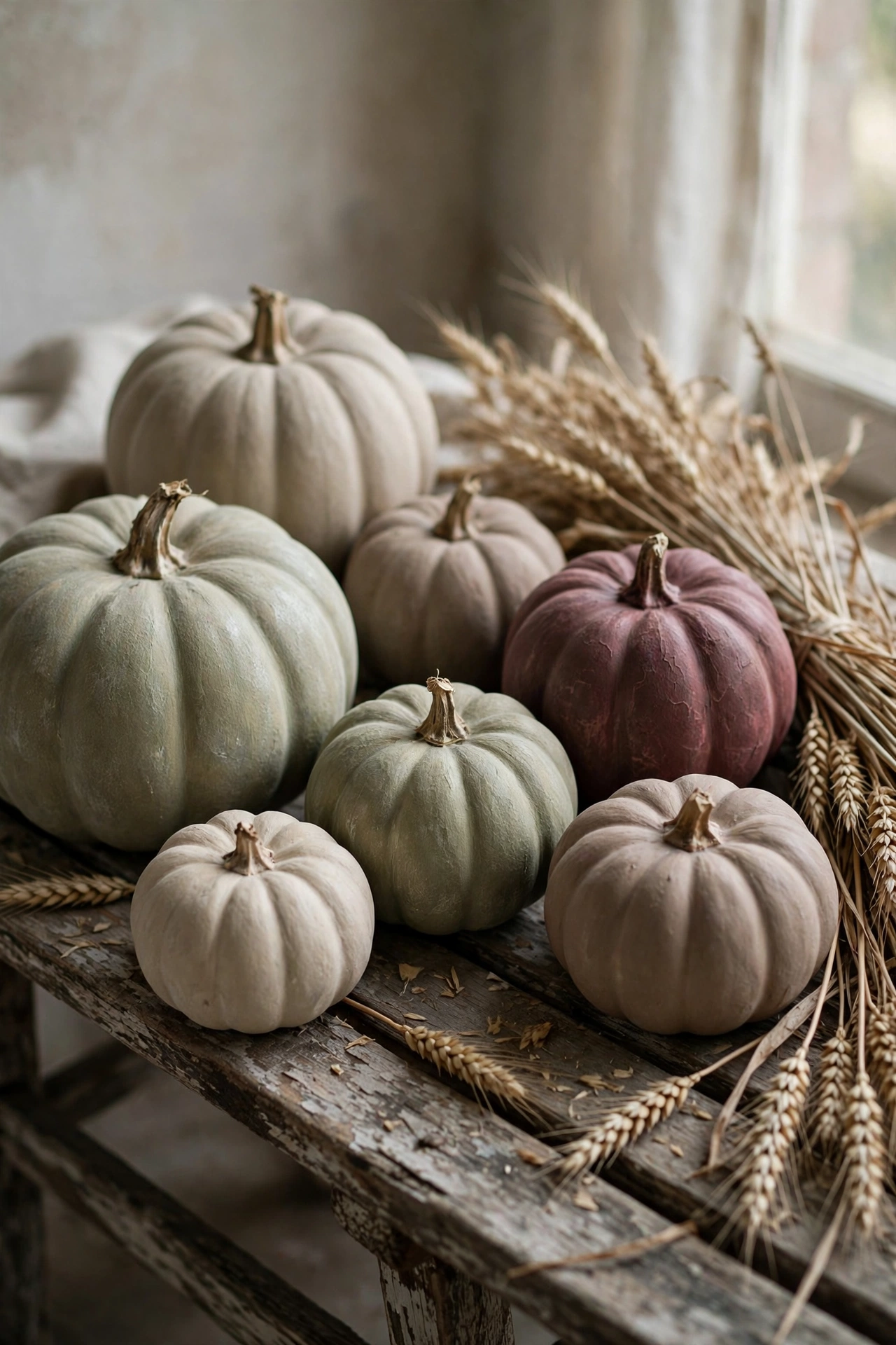 Thrifted ceramic pumpkins repainted in chalky oatmeal, olive and rust tones on a sideboard.