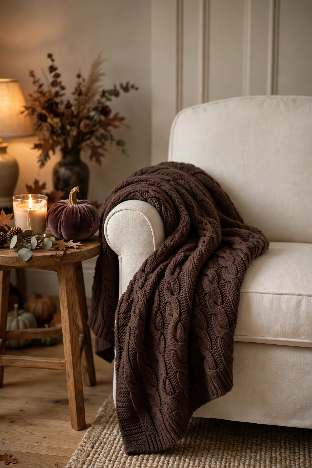 Chocolate brown chunky knit throw draped over the arm of a sofa.