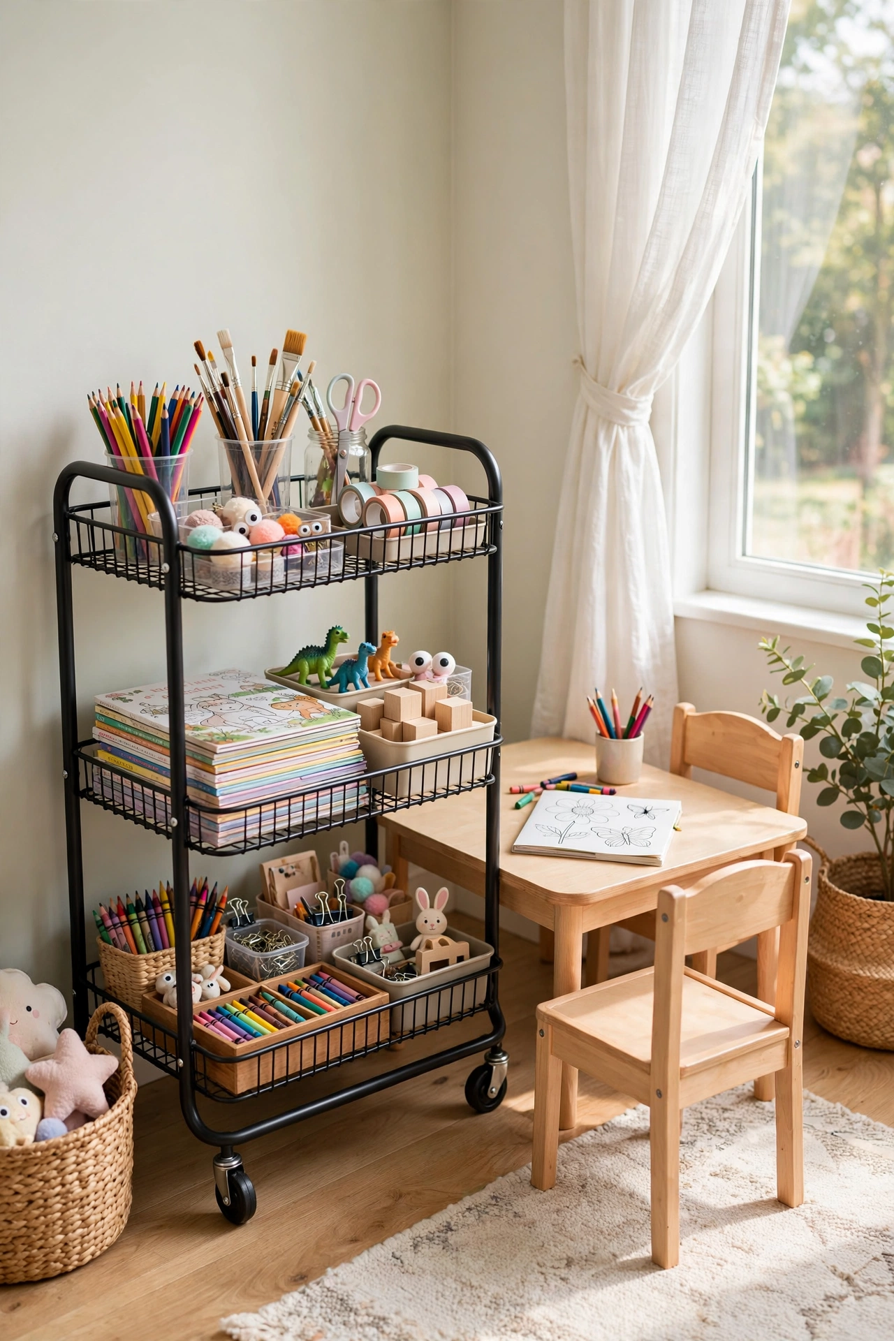 Craft room corner with a three tier rolling utility cart of art supplies beside a small kids table and chairs.