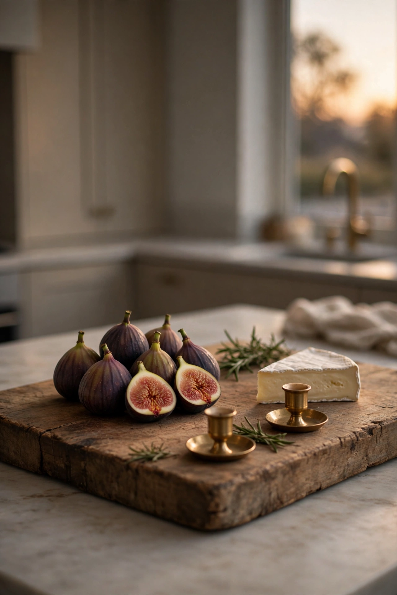 A wooden cutting board styled with figs, cheese, brass candle holders and a sprig of rosemary.