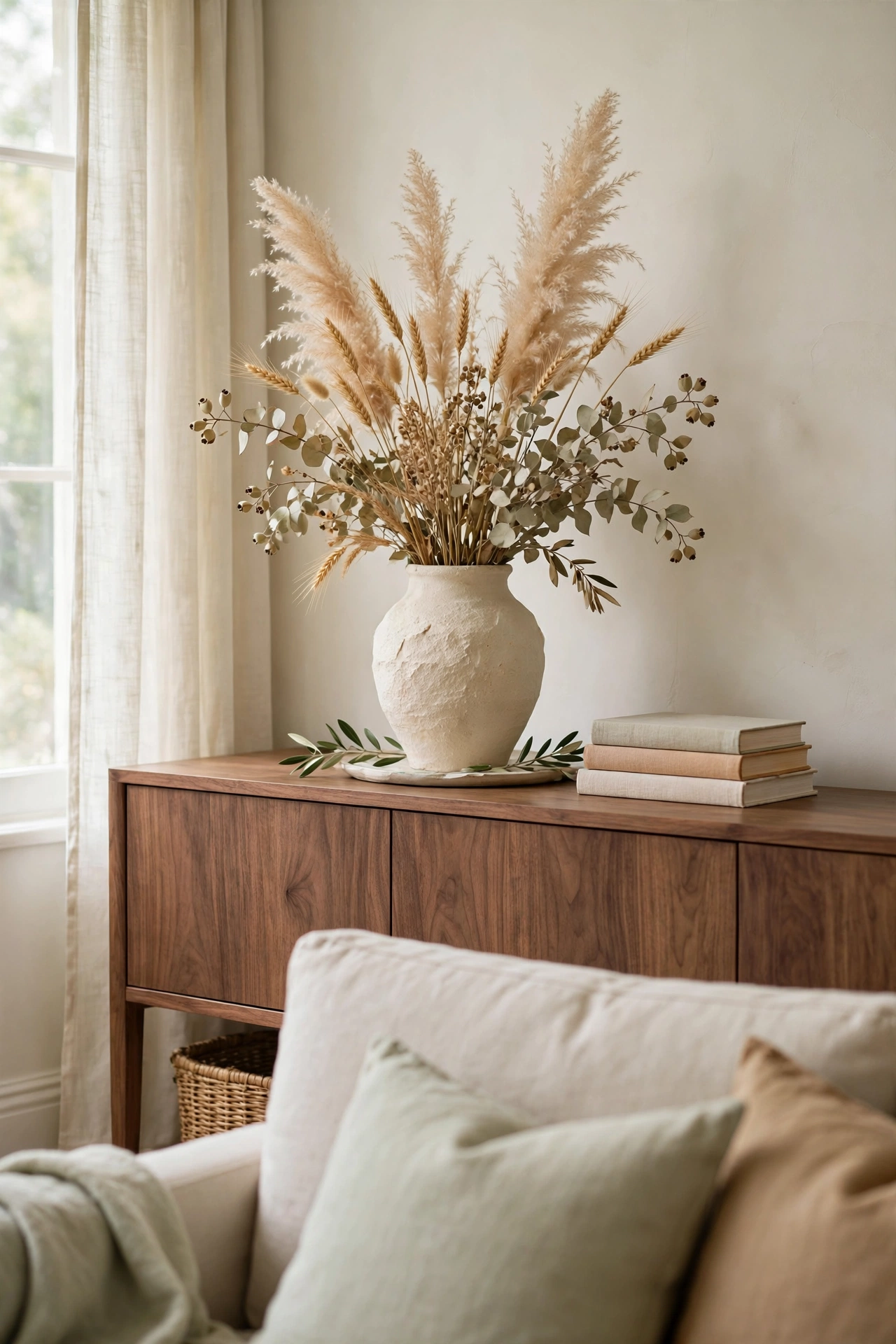 Cream stoneware vase with dried pampas grass, wheat, and eucalyptus on a walnut console table.
