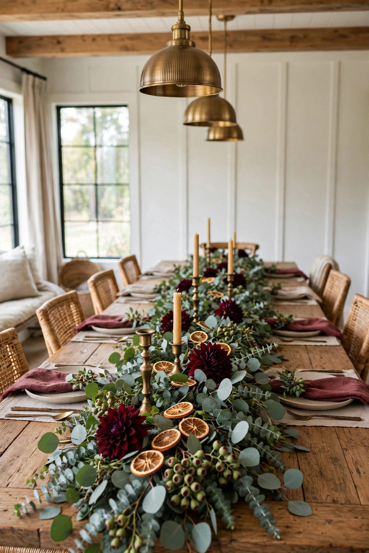 Modern farmhouse dining room with a lush eucalyptus garland running the full length of the table.