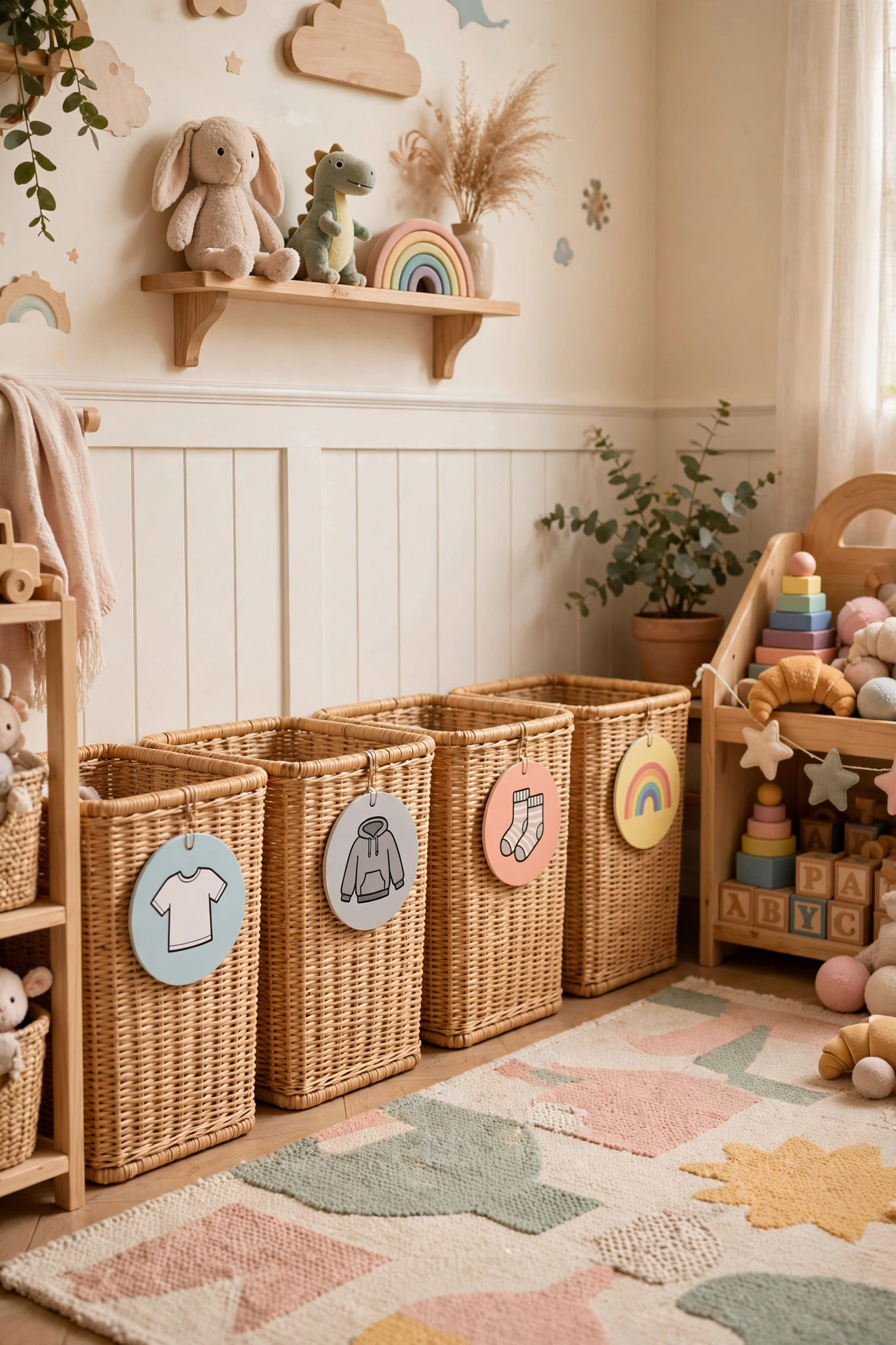 Kids laundry hamper with picture labels of a shirt, pants, and socks helping children sort clothes