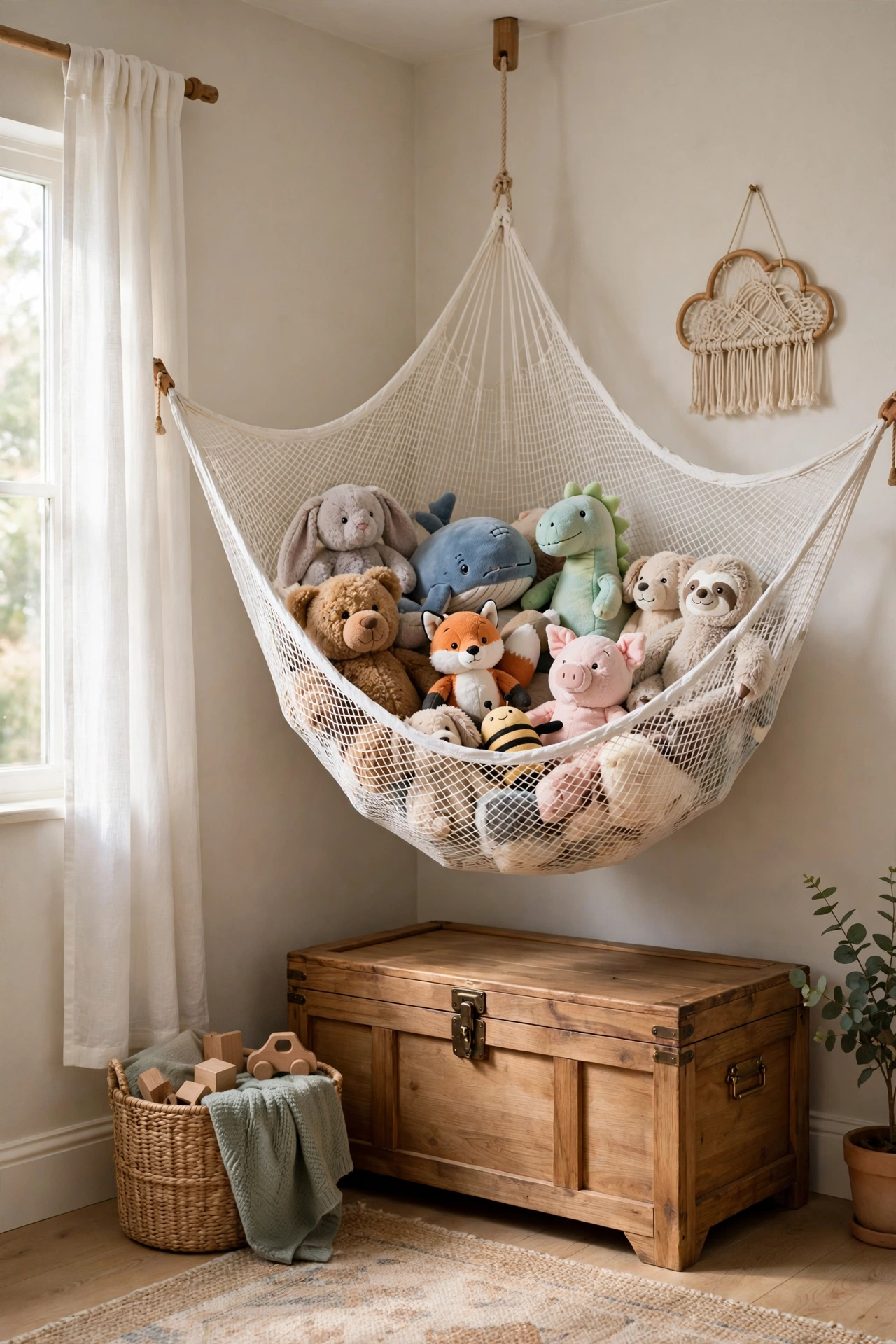 Kids bedroom corner with a mesh hammock net full of stuffed animals above a toy chest.