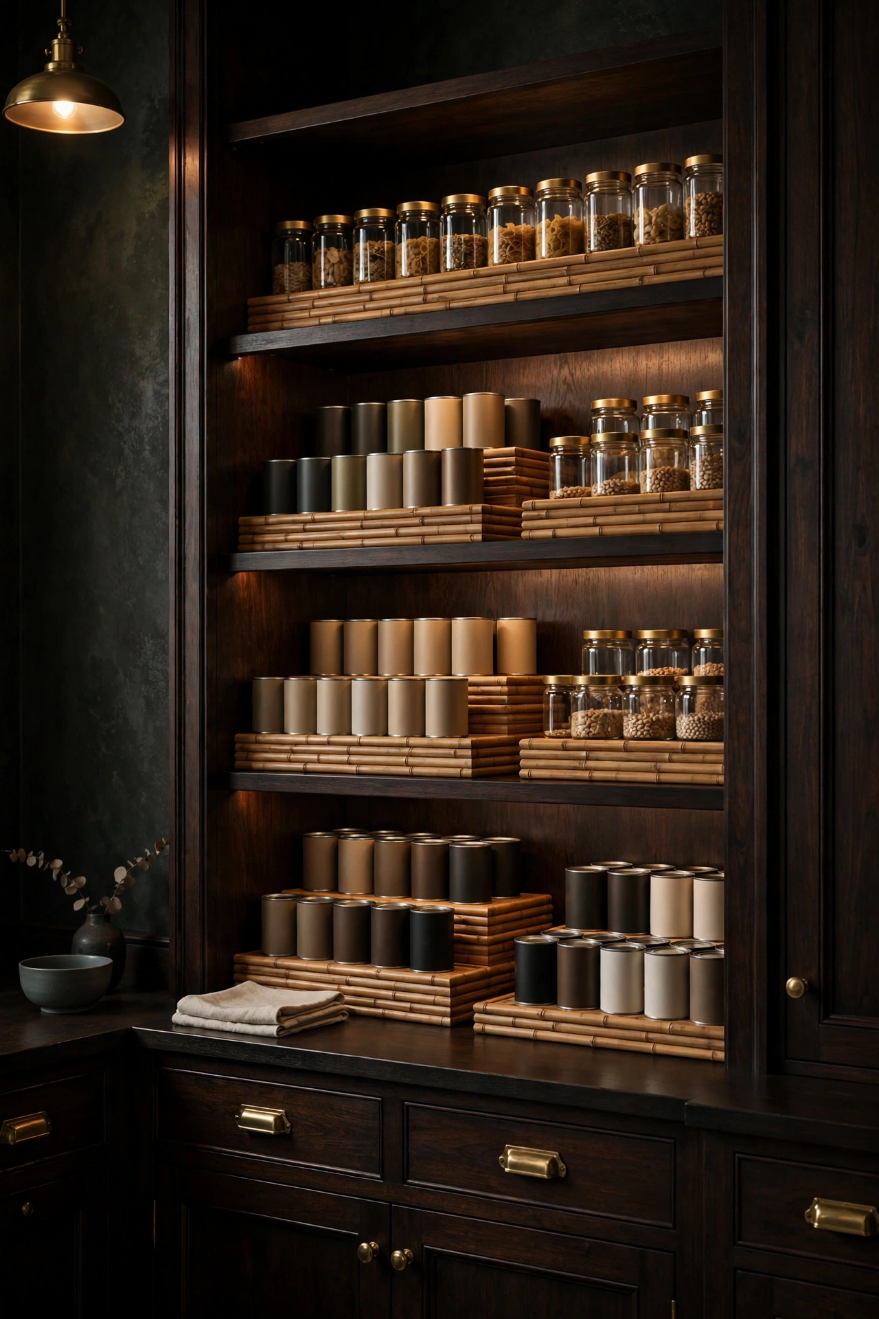 Tiered riser in a pantry lining up canned tomatoes, beans, and broth by type