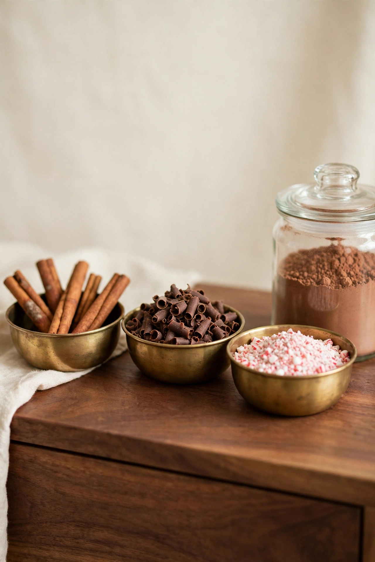 Small brass bowls filled with cinnamon sticks, chocolate curls, and cocoa toppings.