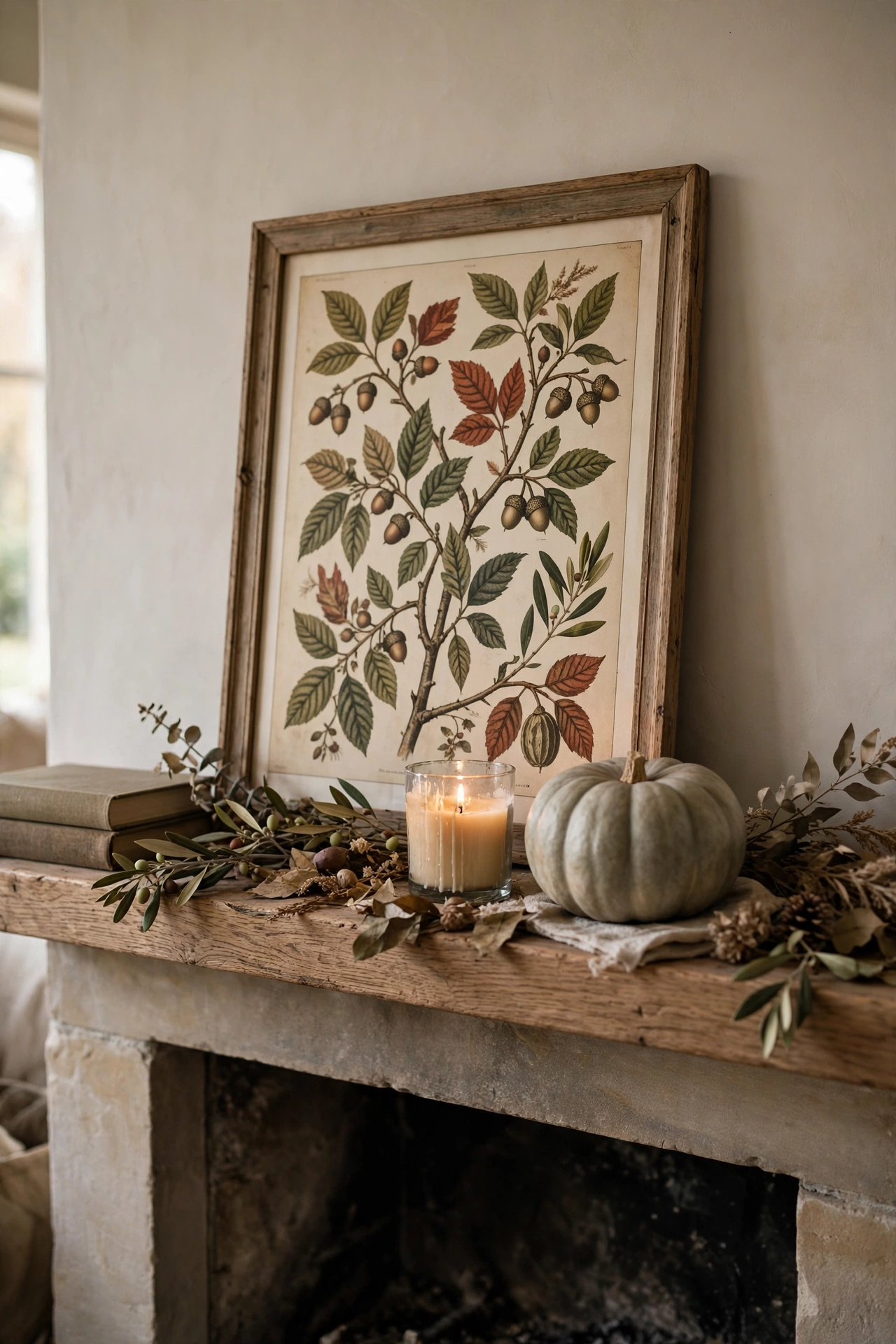 Framed vintage style botanical print in rust and olive tones leaning against the wall on a fall mantel.