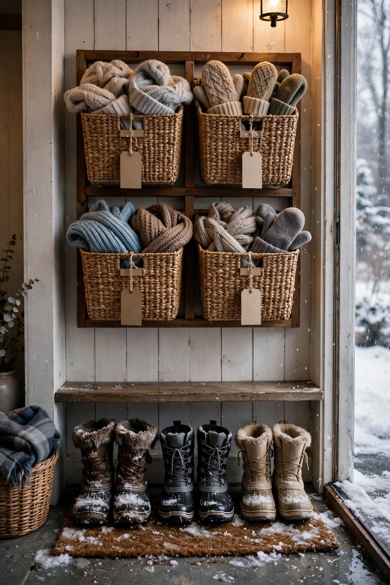 Winter entryway with a wall organizer for hats, mittens, and scarves in labeled bins