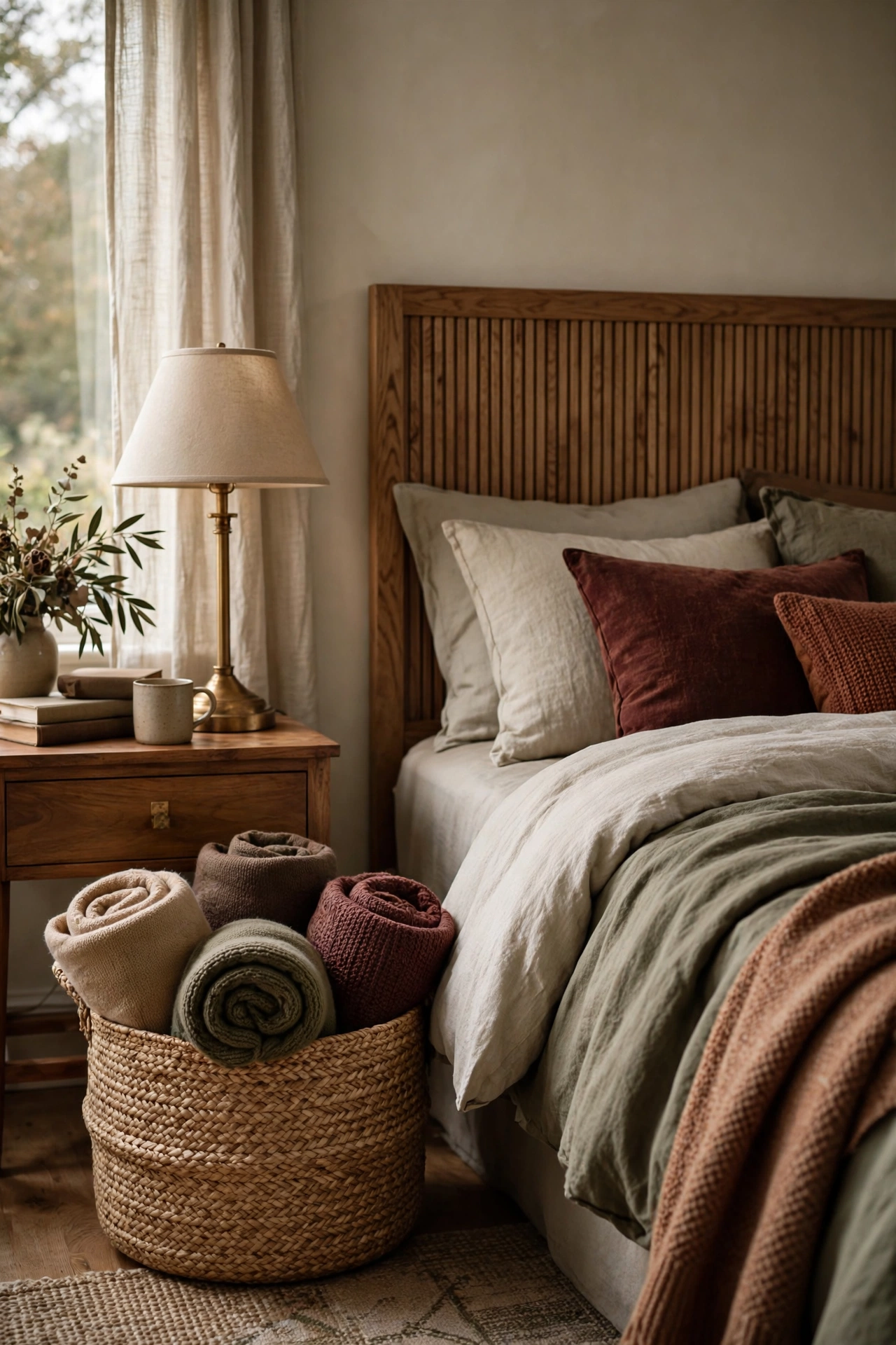 Large seagrass woven basket holding rolled cozy throws, placed beside a bed.