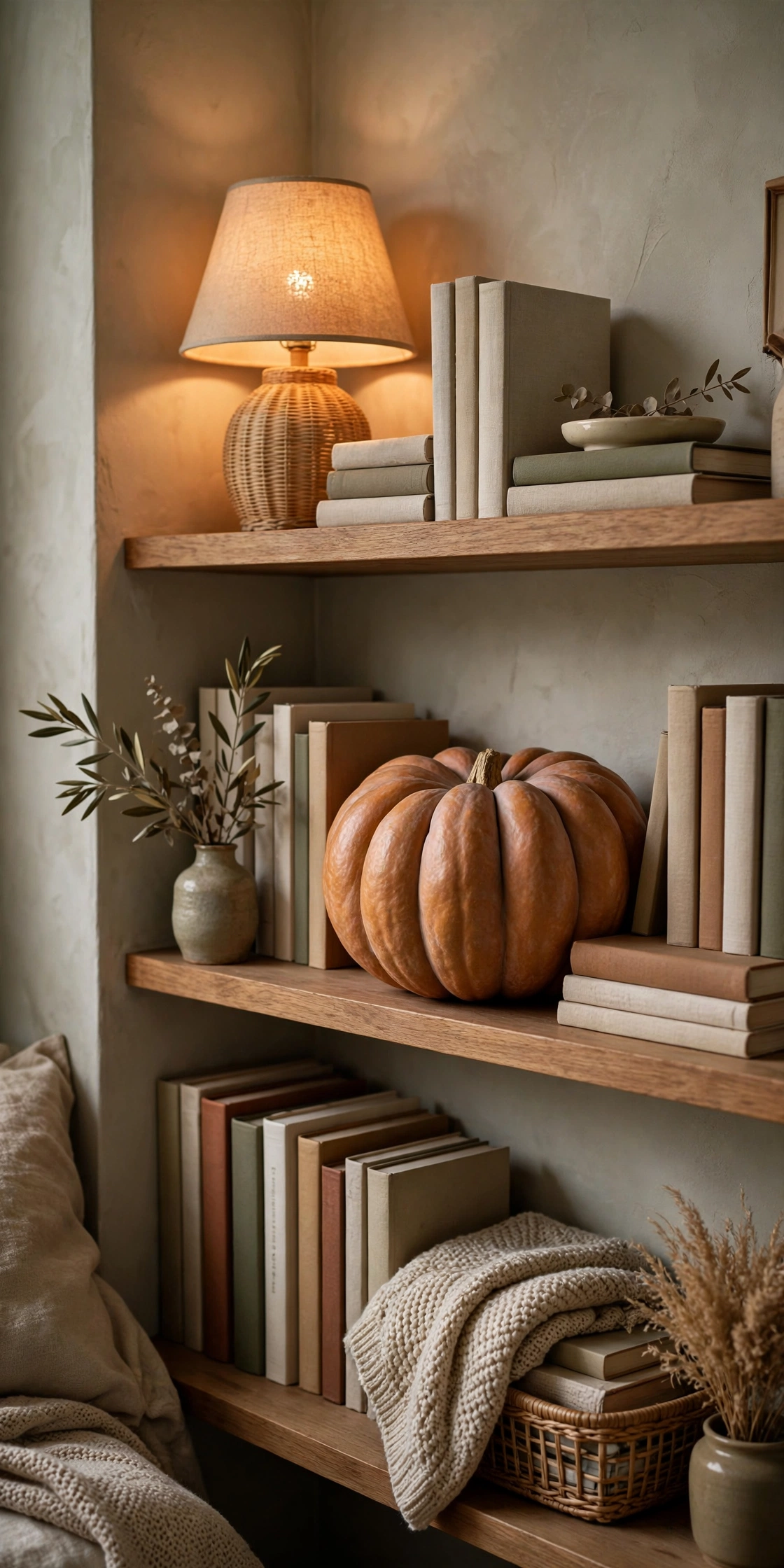 Single statement pumpkin styled on a bookshelf