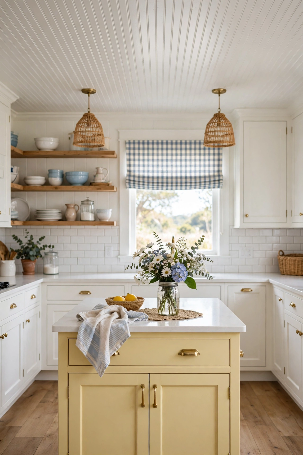 Butter yellow kitchen island in a white cottage kitchen with gingham roman shade and fresh flowers.