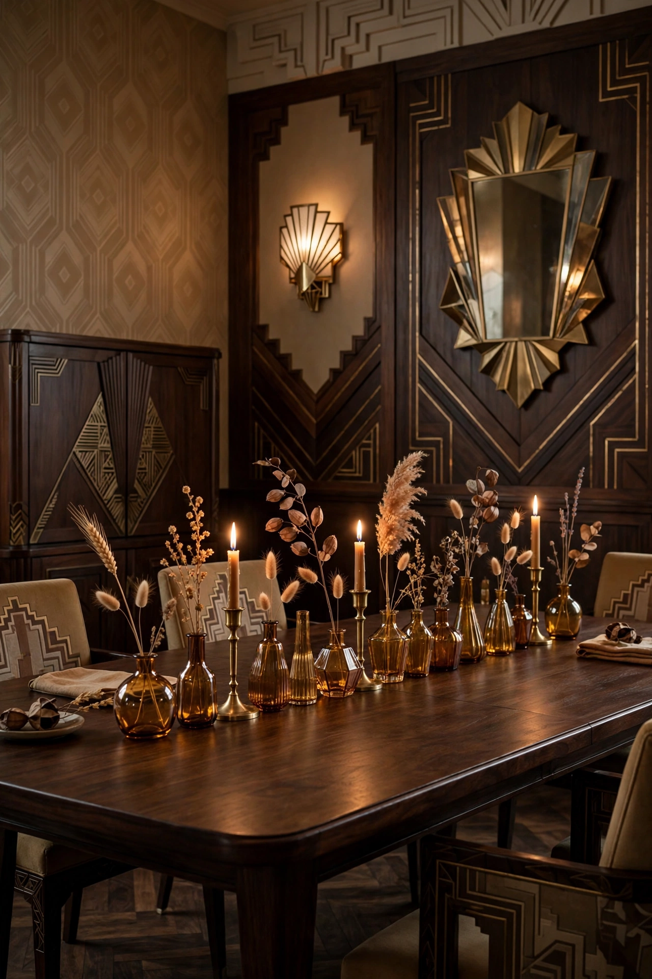 Art deco inspired dining room with a row of amber glass bud vases holding single dried stems.