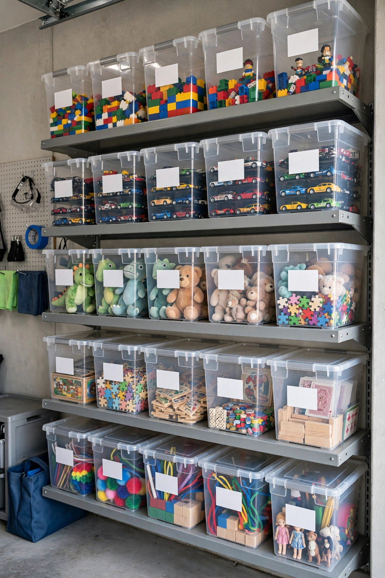 Garage storage wall with tall shelving holding rows of clear stackable labeled storage bins full of sorted toys.