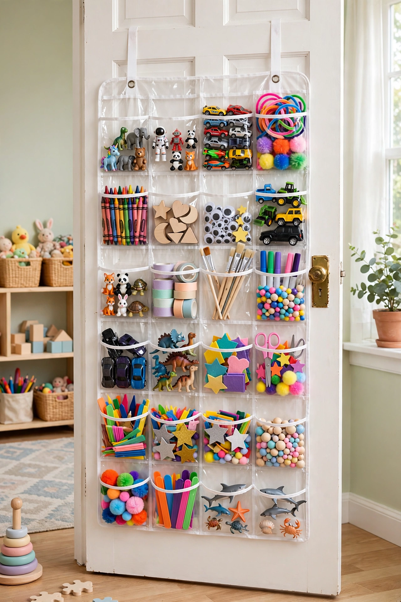 Playroom door with a clear over-the-door organizer holding small figurines and craft supplies.
