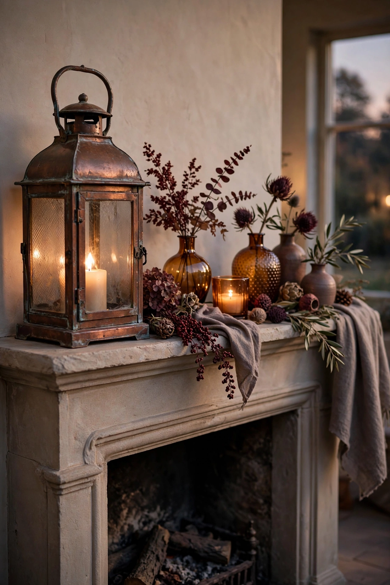 Copper toned lantern with a flameless pillar candle inside sitting at the end of a fall mantel.