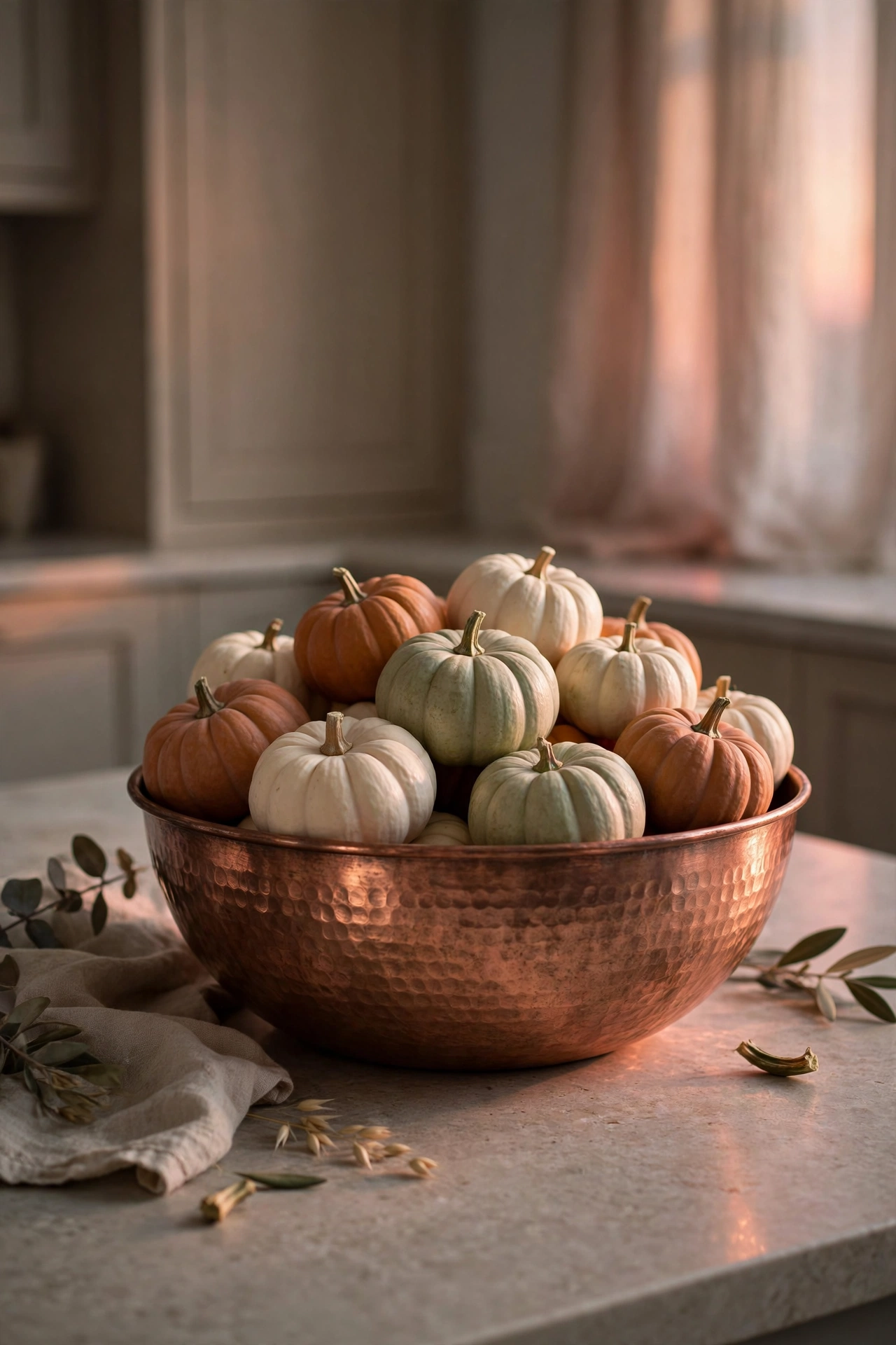 A hammered copper bowl filled with mini pumpkins in white, pale green and soft rust.