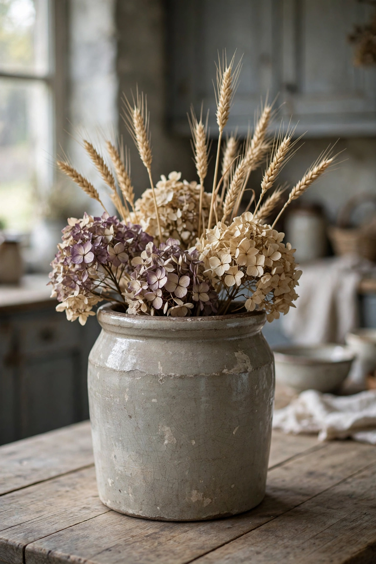 Dried hydrangeas and wheat stems arranged in a vintage stoneware crock by a window.